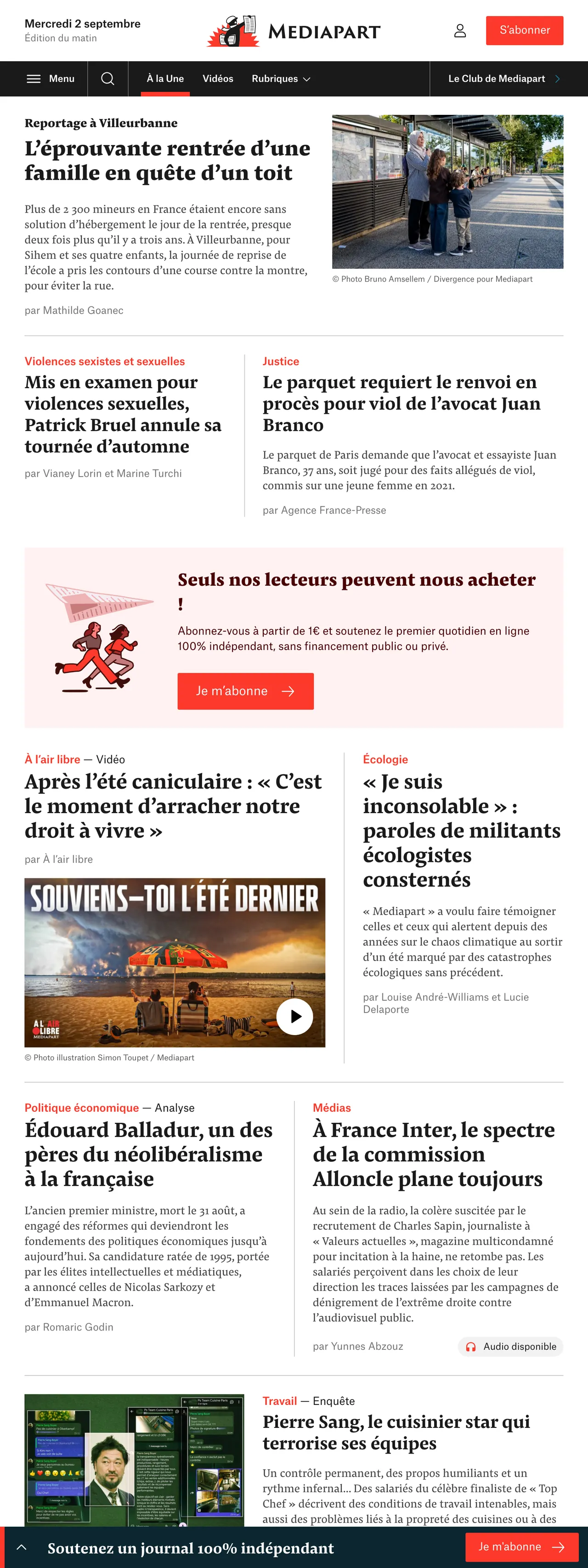 Screenshot of the Mediapart front page