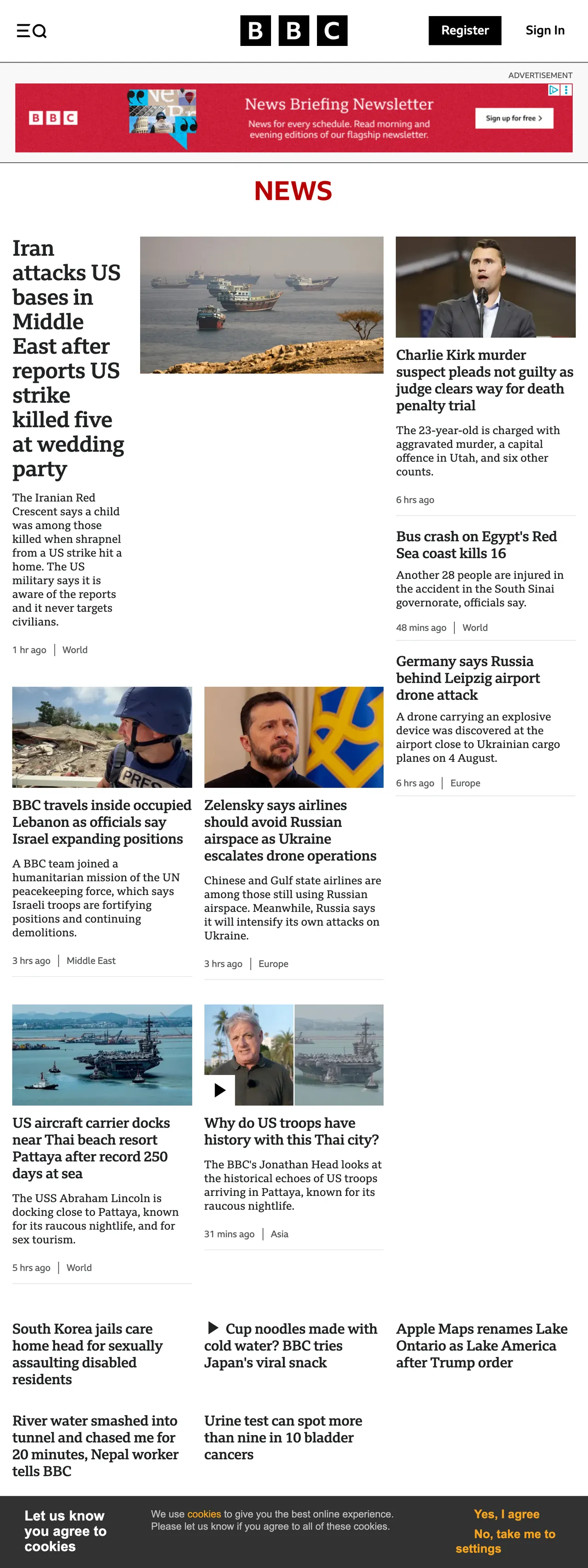 Screenshot of the BBC News front page