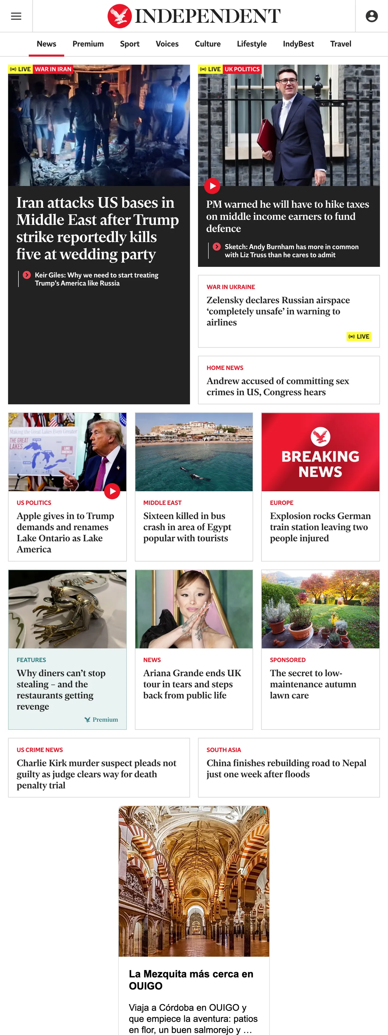 Screenshot of the The Independent front page