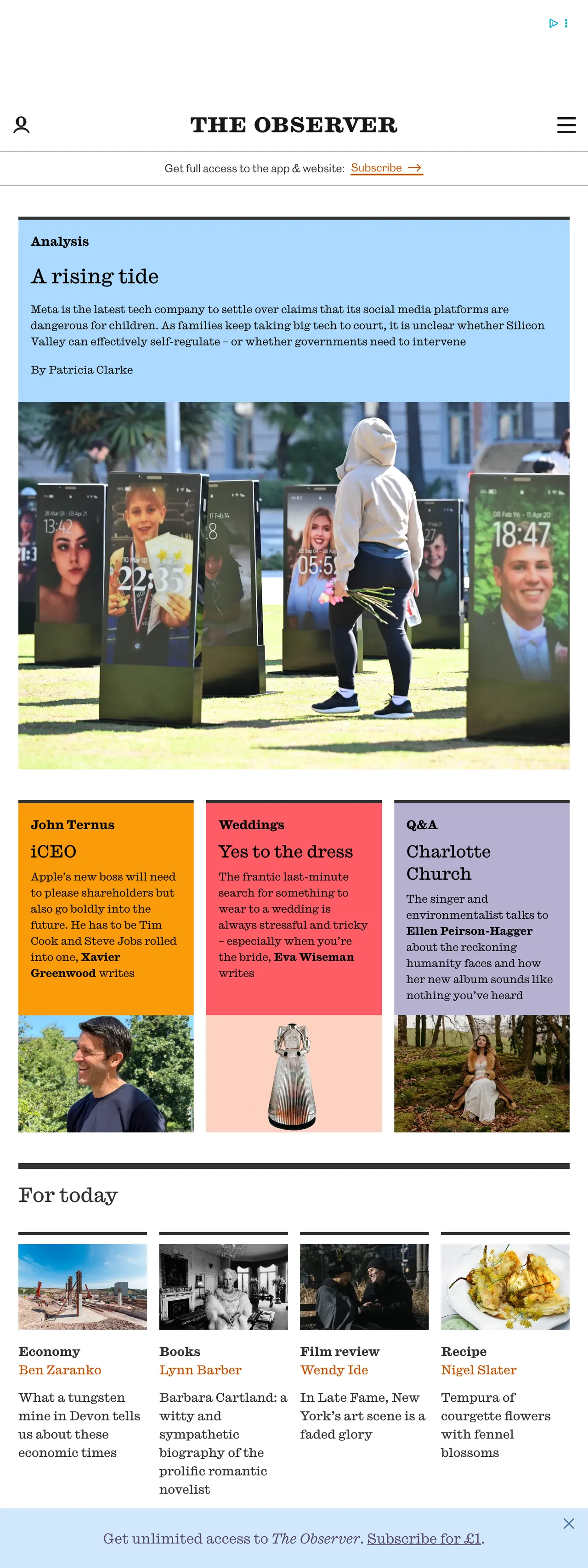 Screenshot of the The Observer front page