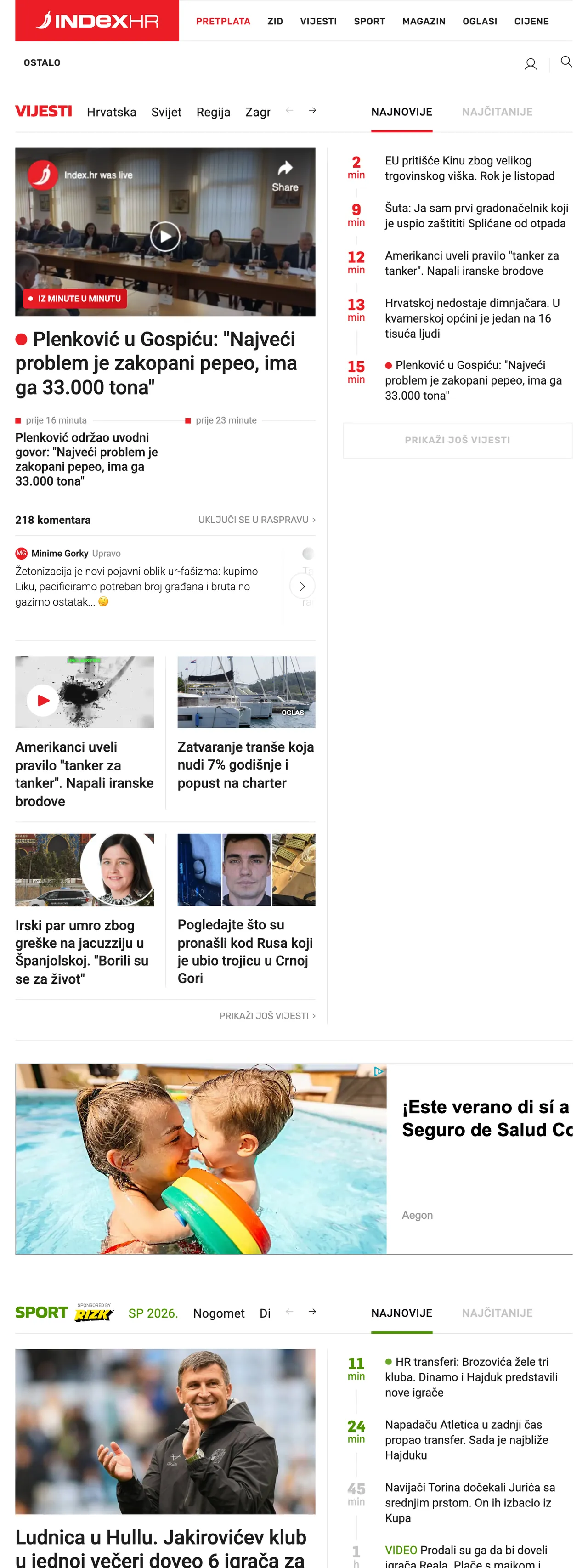 Screenshot of the Index.hr front page