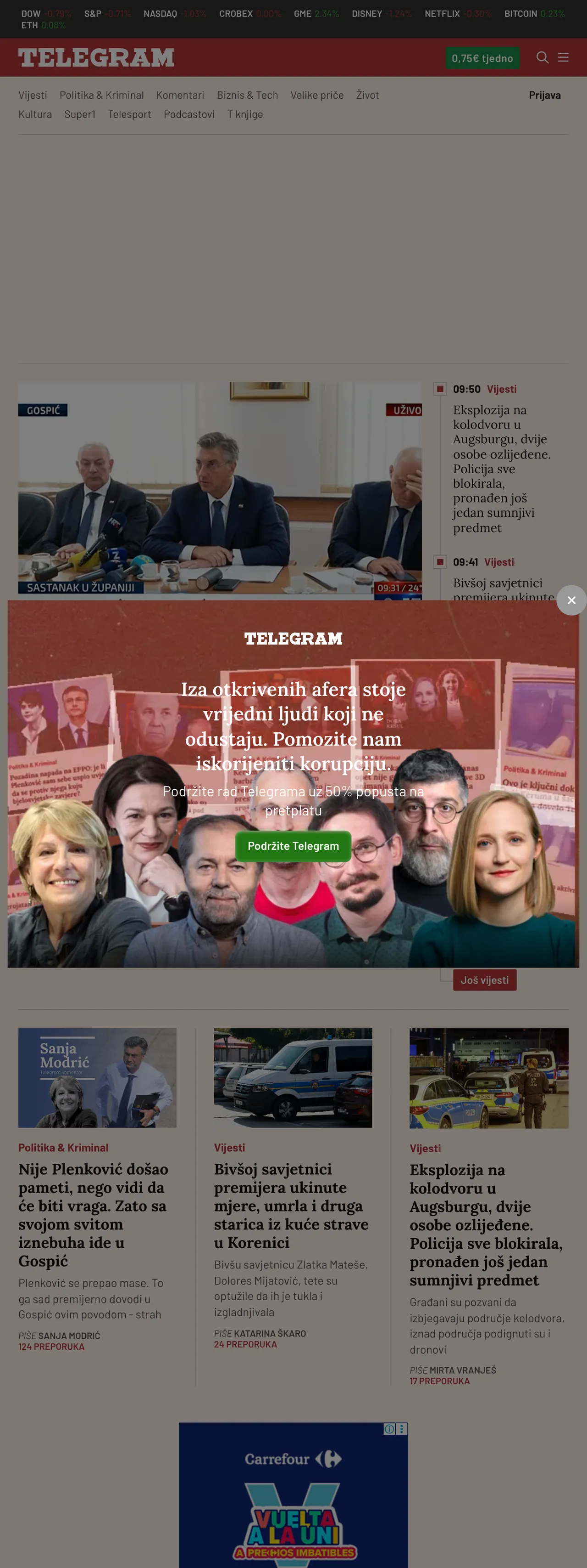 Screenshot of the Telegram.hr front page