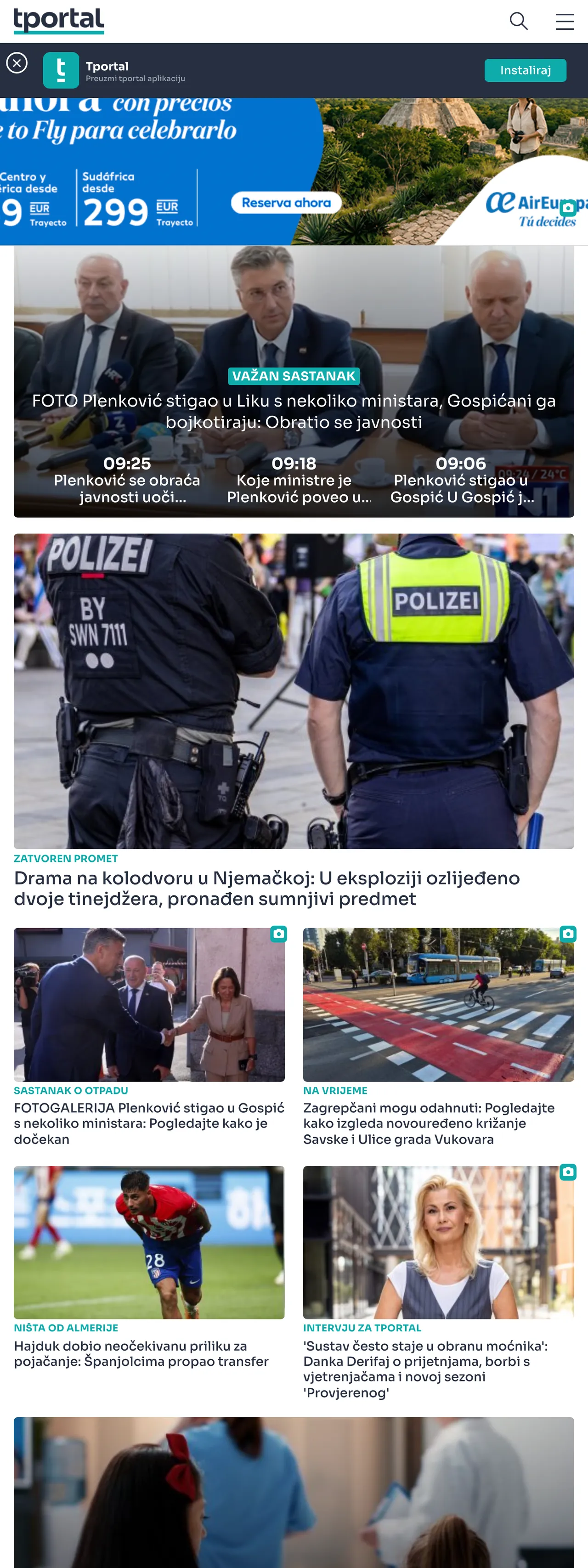 Screenshot of the tportal front page