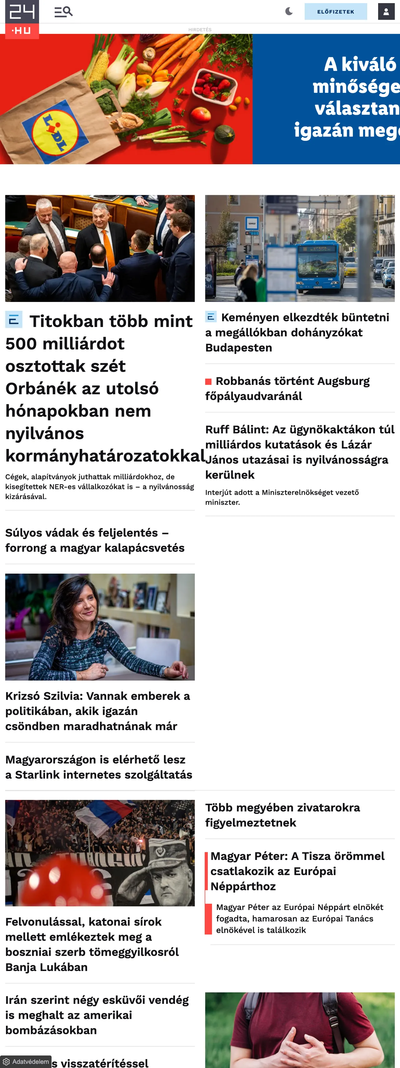 Screenshot of the 24.hu front page