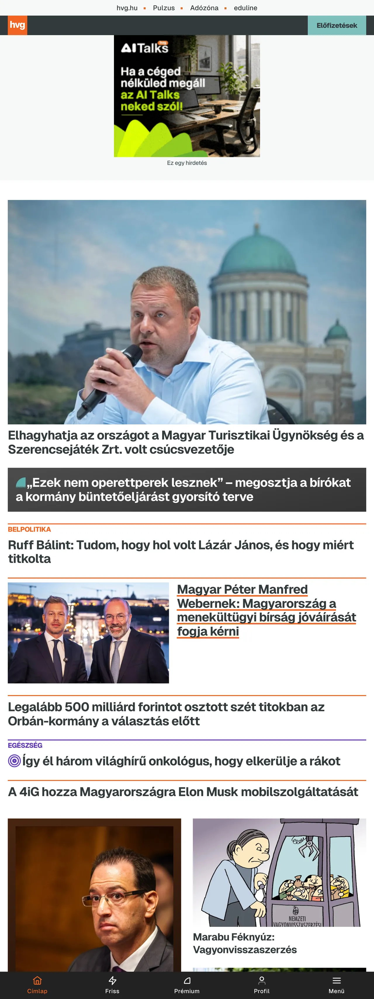 Screenshot of the HVG front page