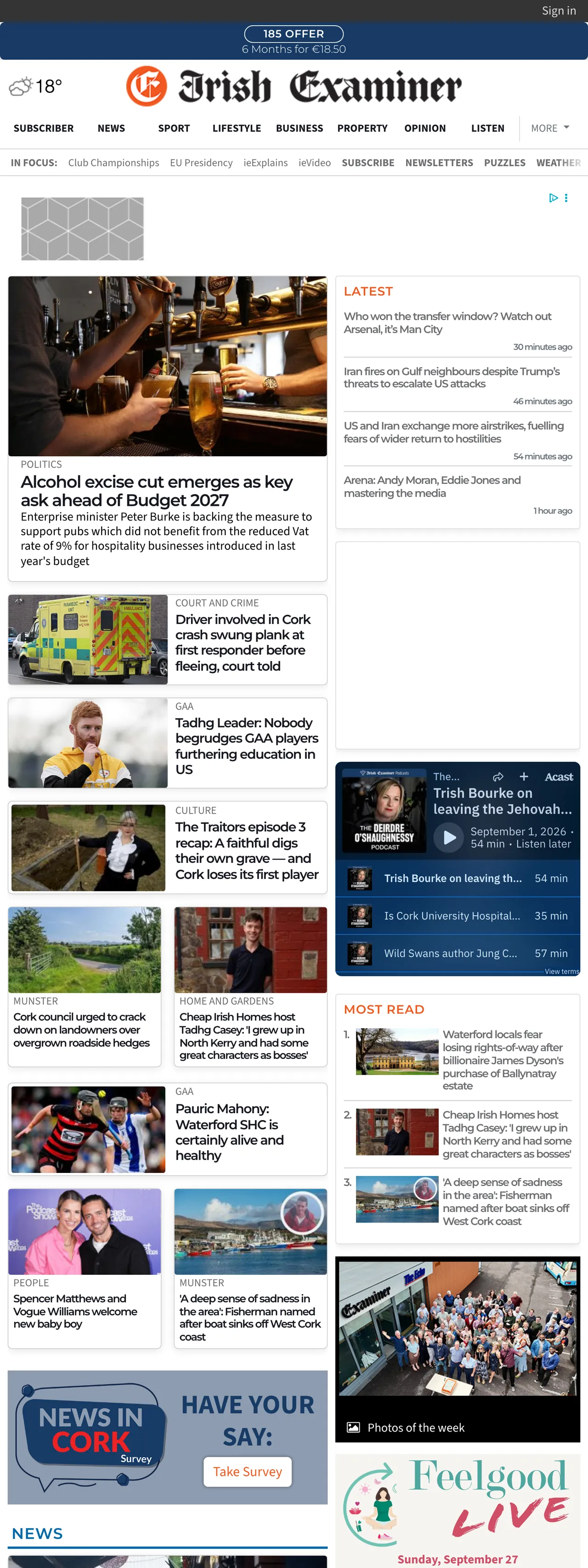 Screenshot of the Irish Examiner front page