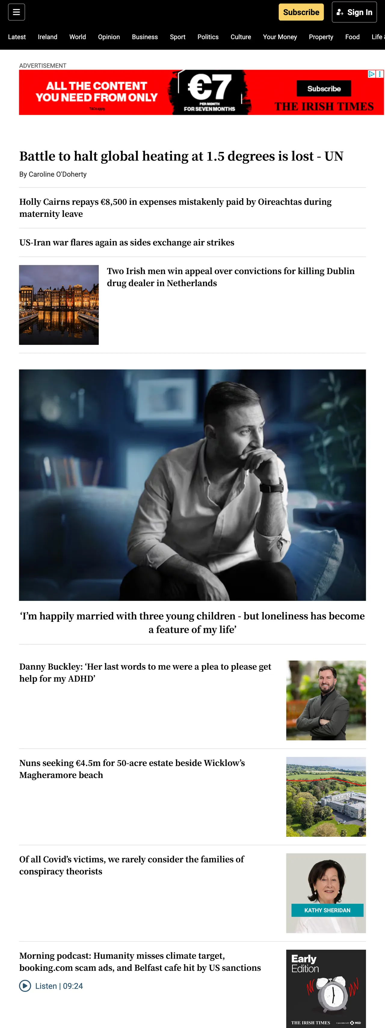 Screenshot of the The Irish Times front page