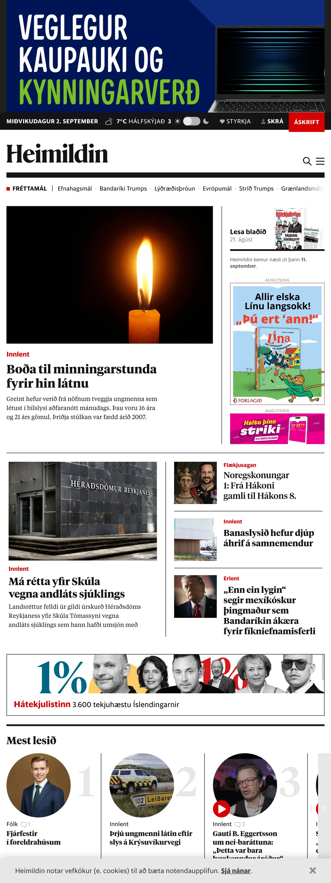 Screenshot of the Heimildin front page