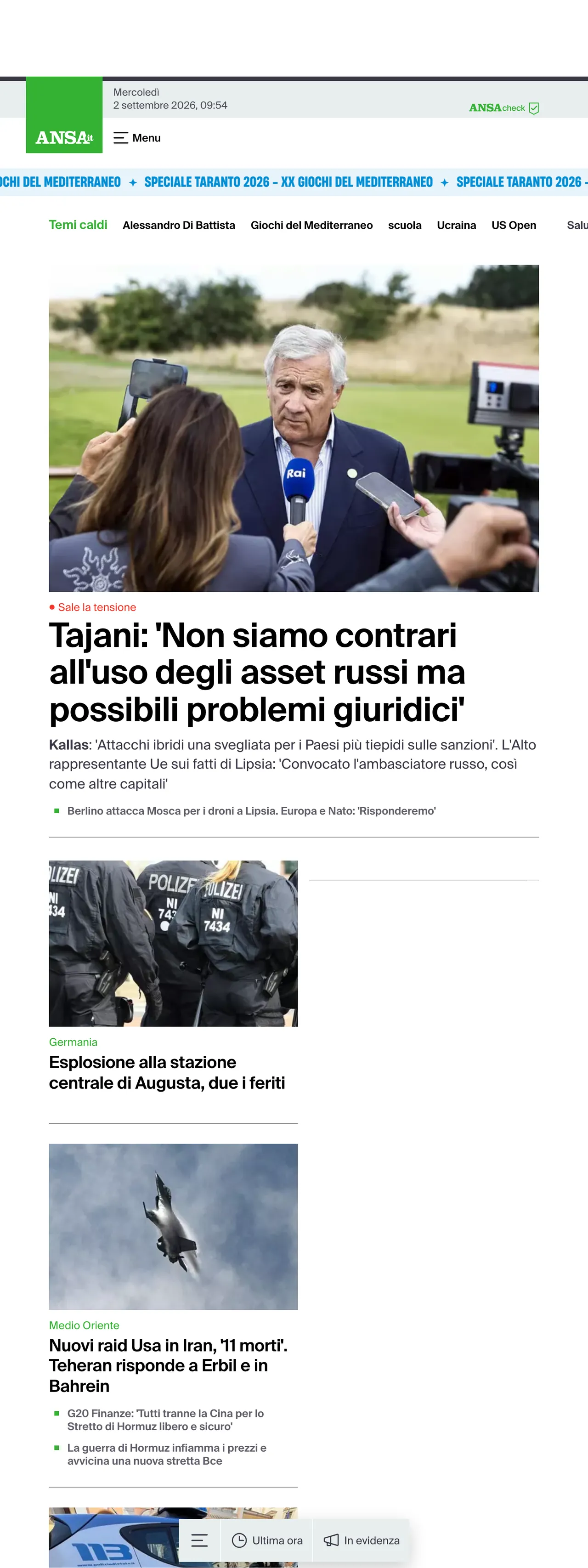 Screenshot of the ANSA front page