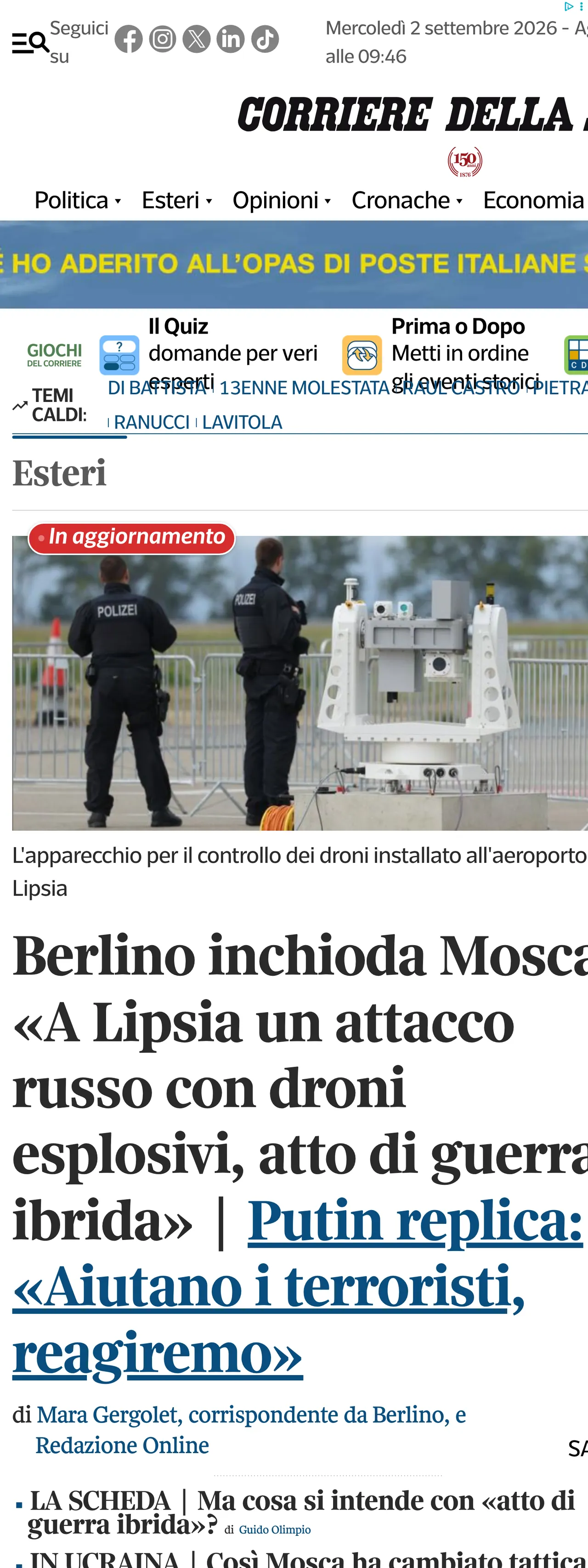 Screenshot of the Corriere della Sera front page