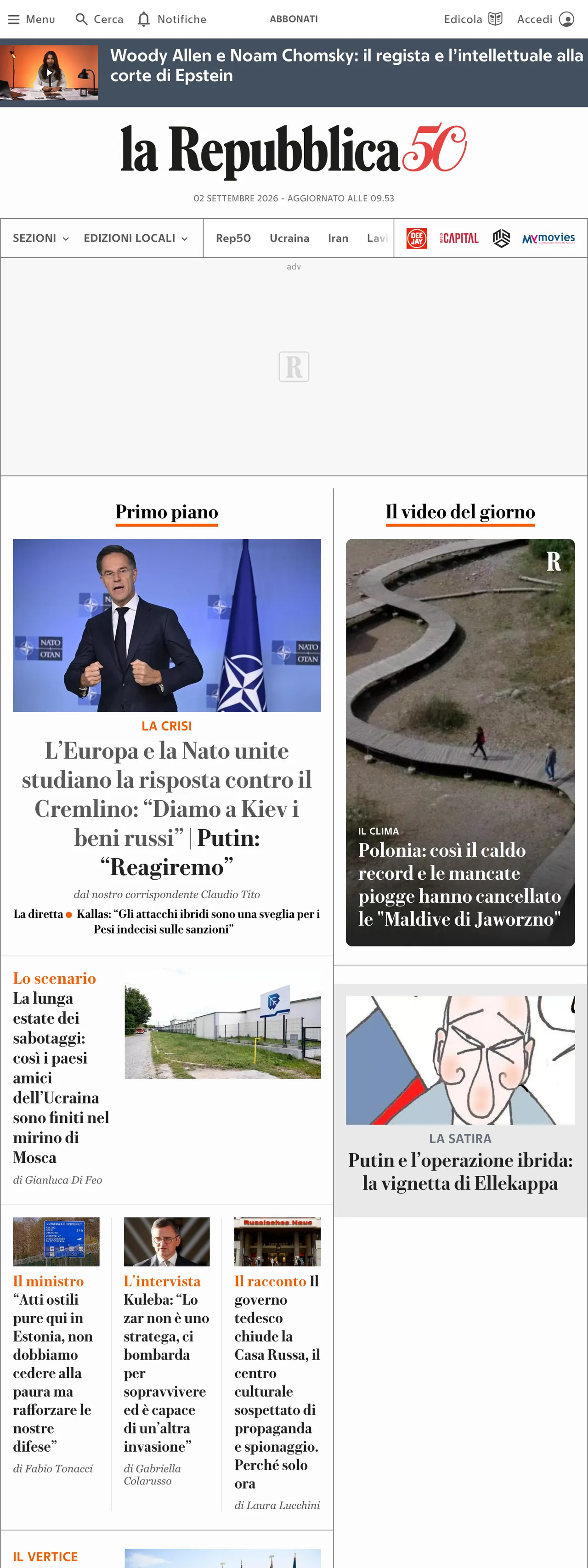 Screenshot of the la Repubblica front page