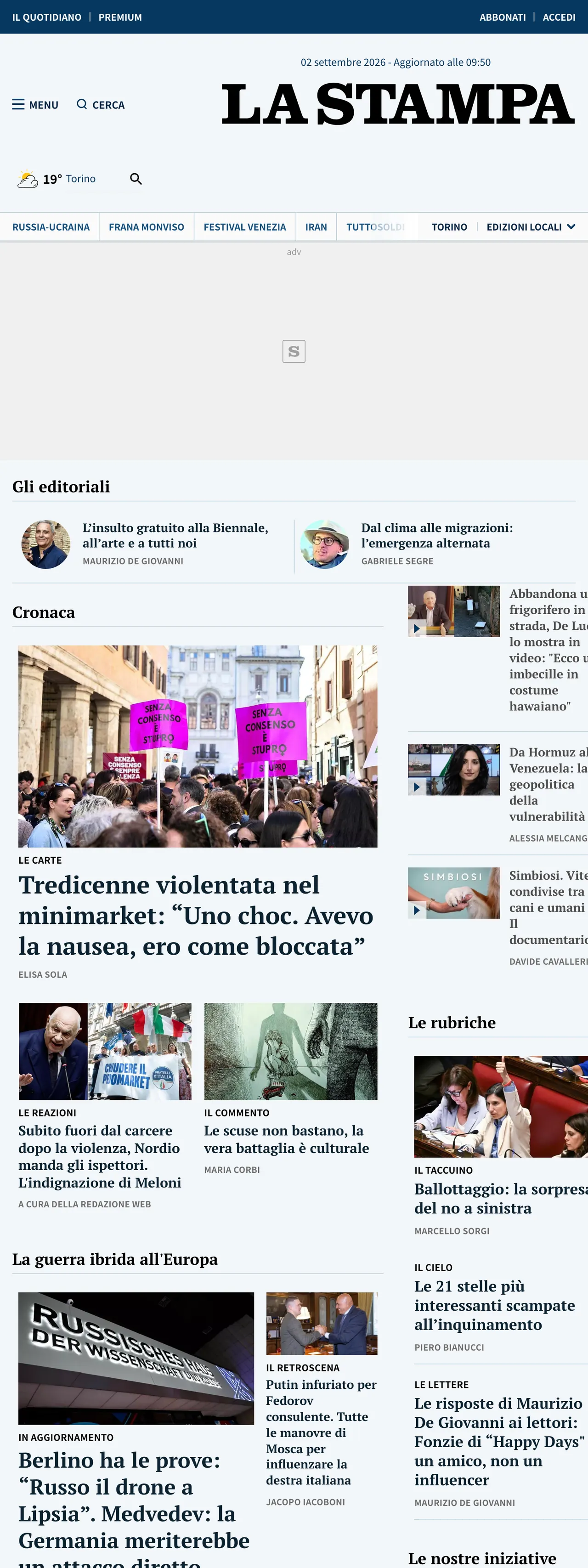 Screenshot of the La Stampa front page