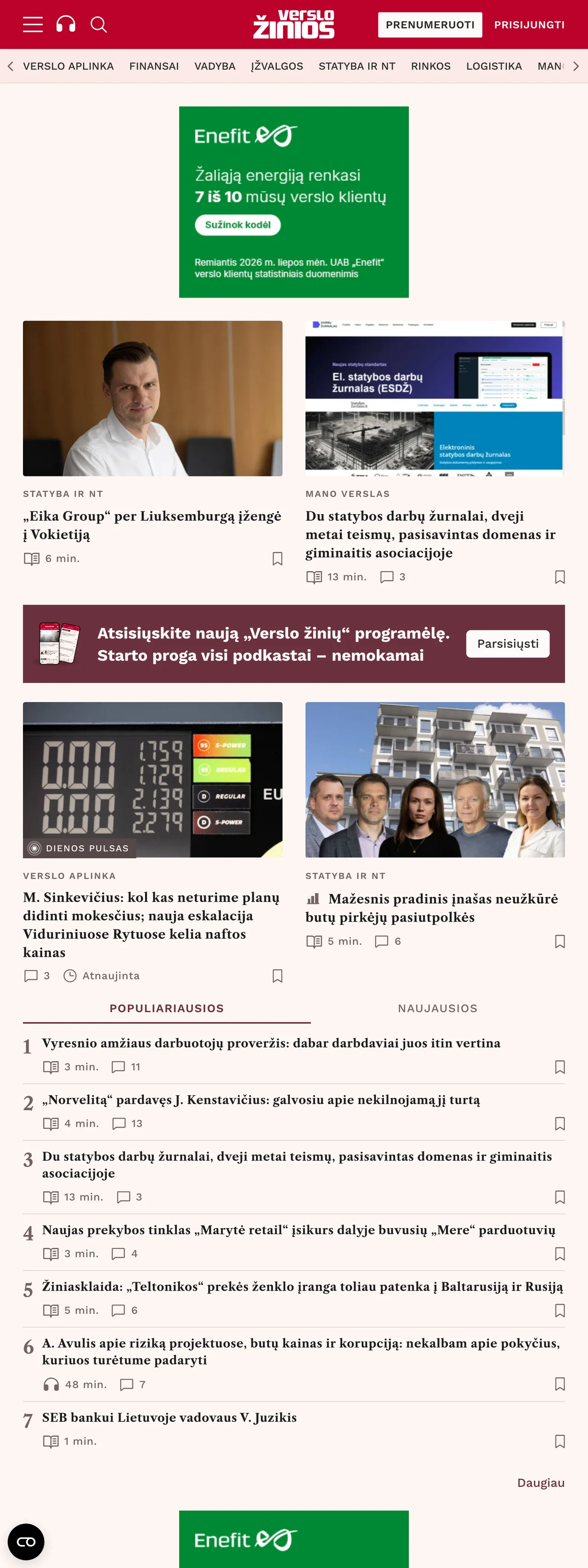 Screenshot of the Verslo žinios front page