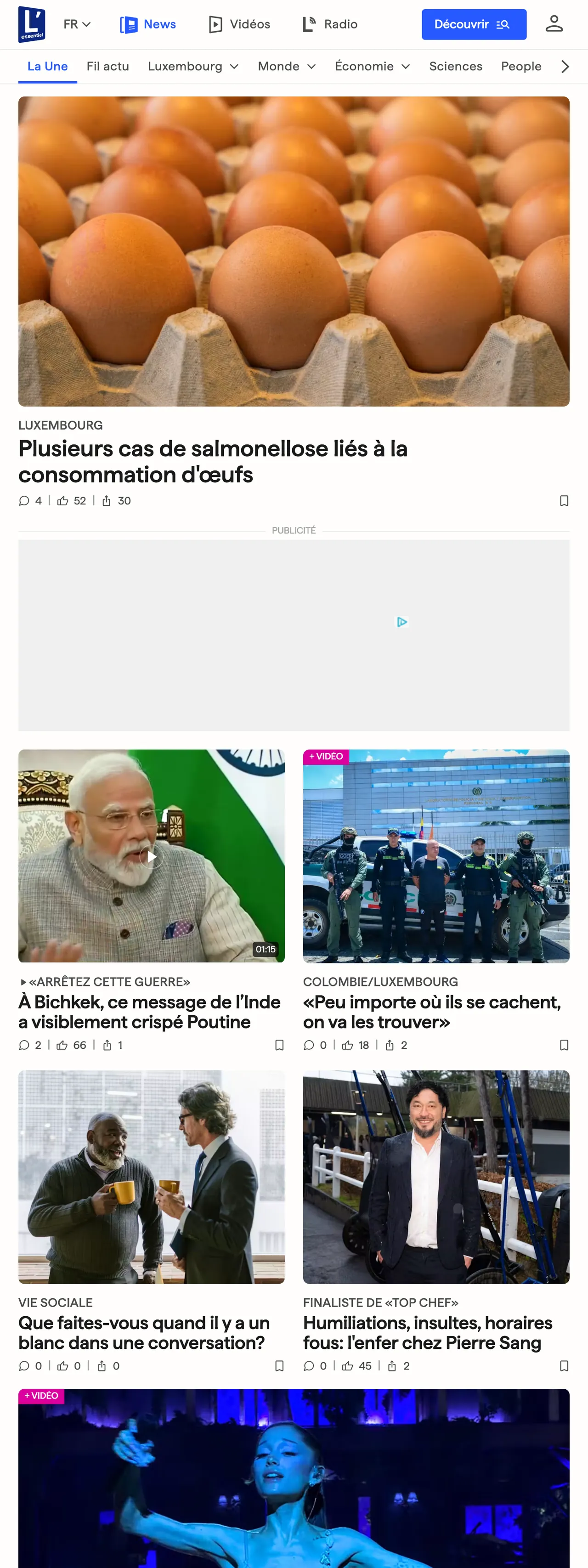 Screenshot of the L'essentiel front page