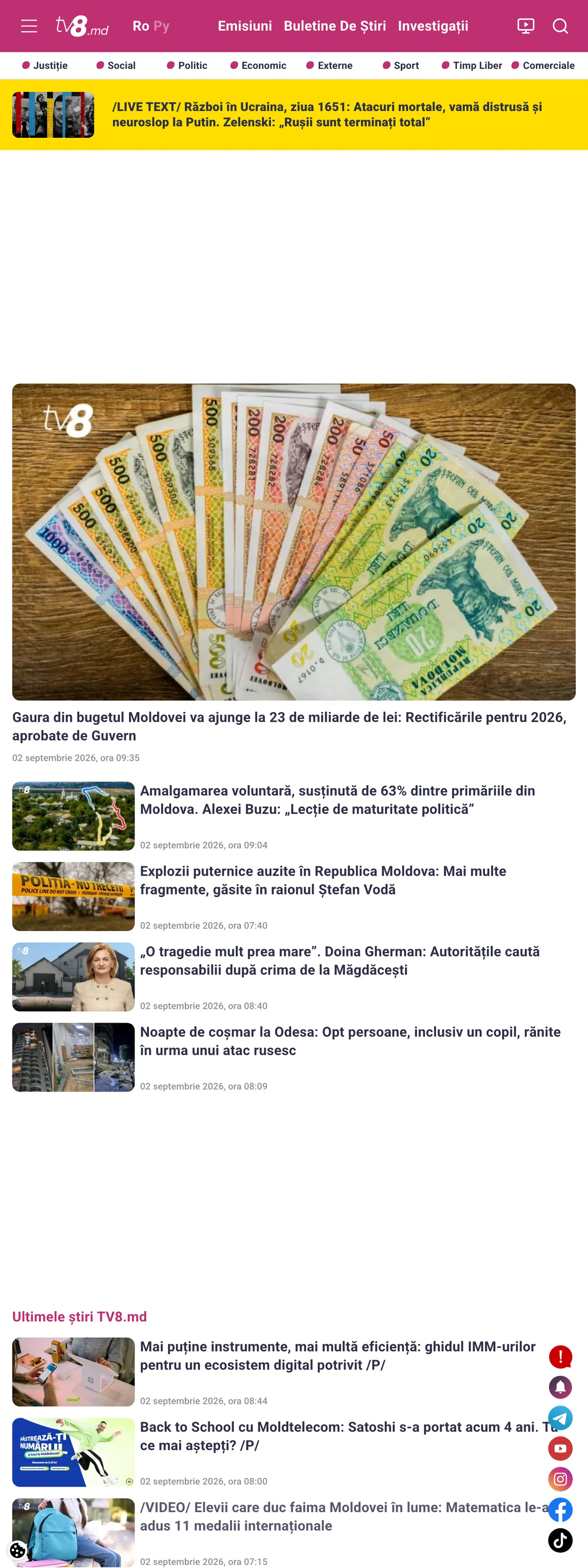 Screenshot of the TV8 front page