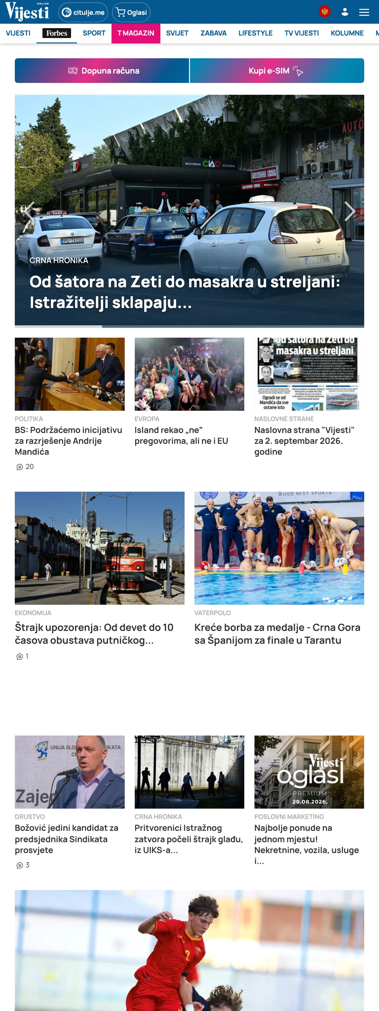 Screenshot of the Vijesti front page