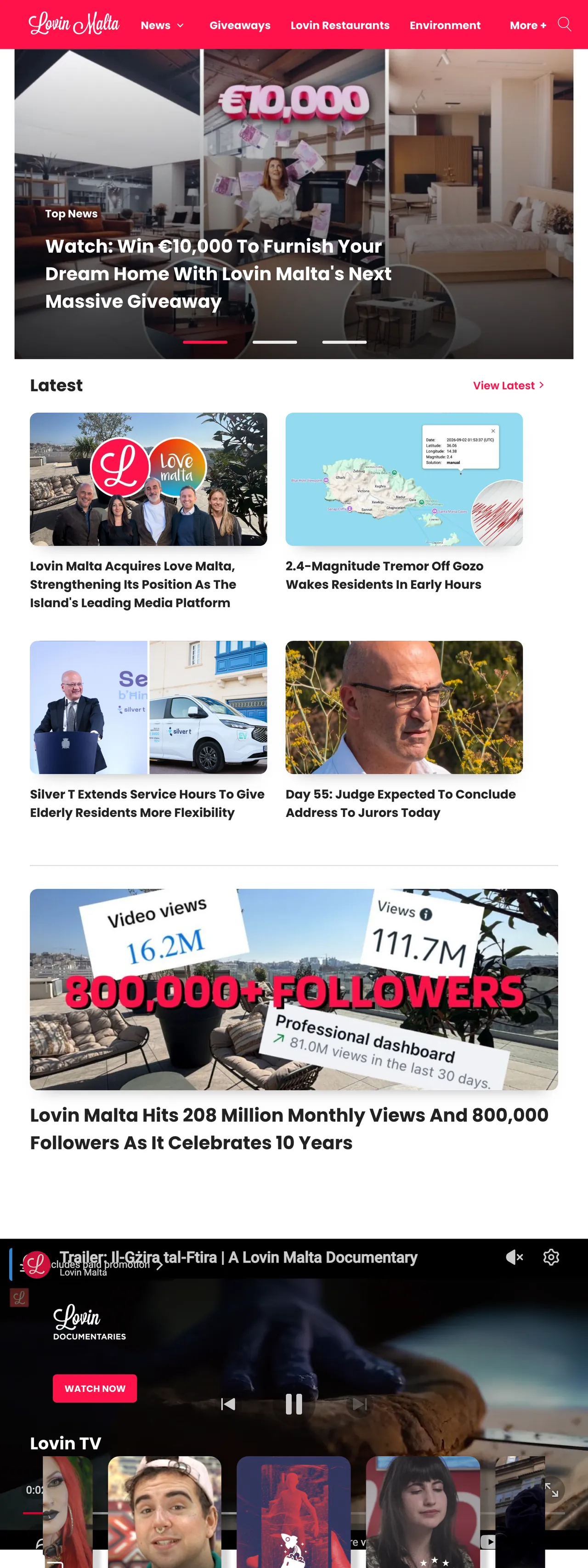 Screenshot of the Lovin Malta front page