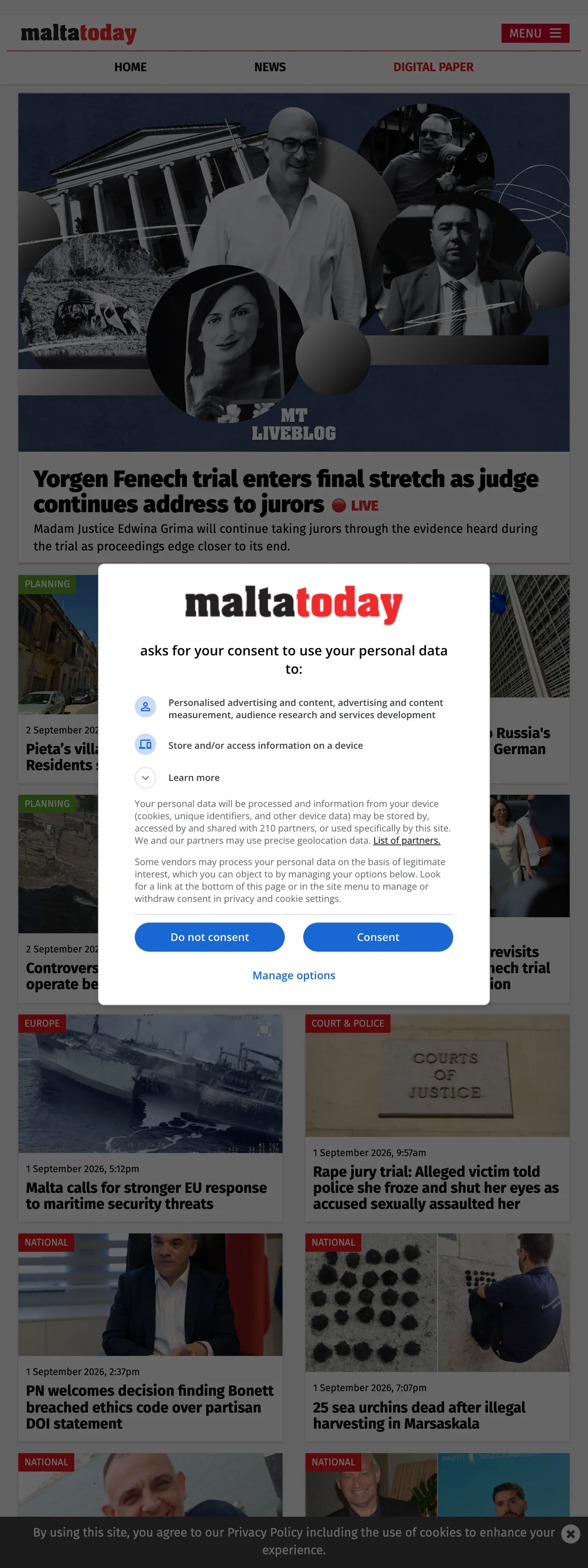 Screenshot of the Malta Today front page