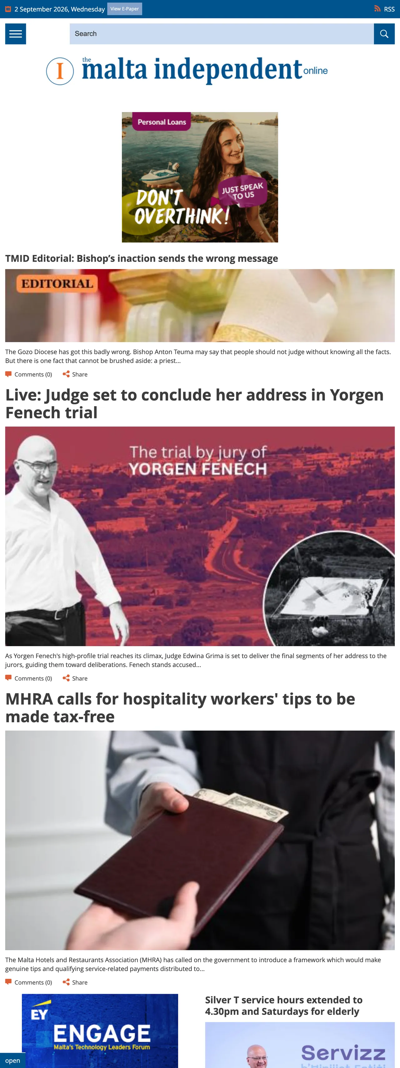 Screenshot of the The Malta Independent front page