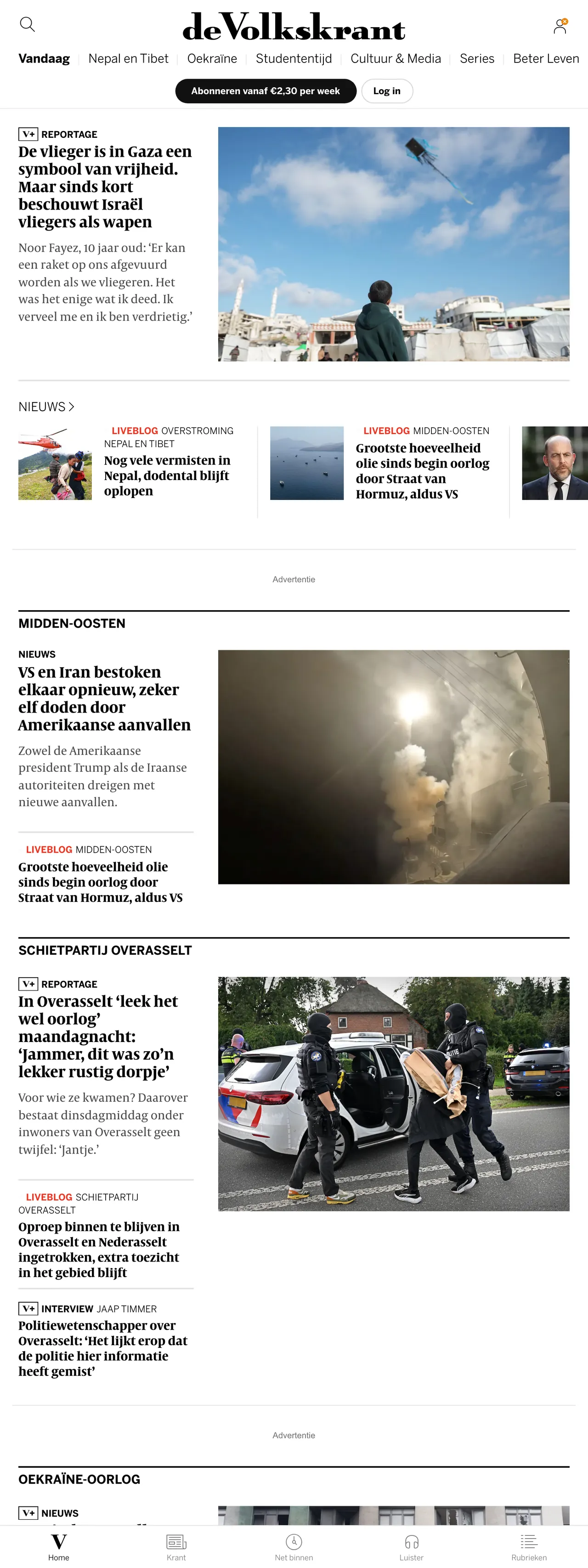 Screenshot of the de Volkskrant front page