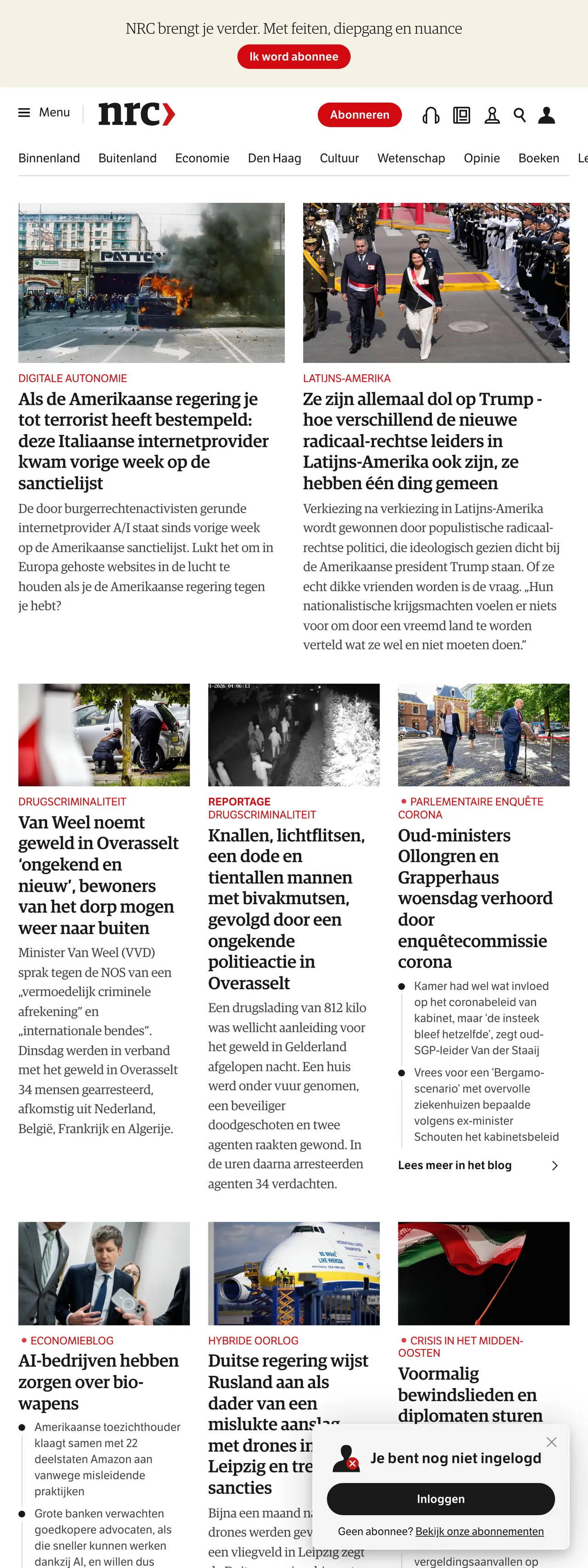Screenshot of the NRC front page