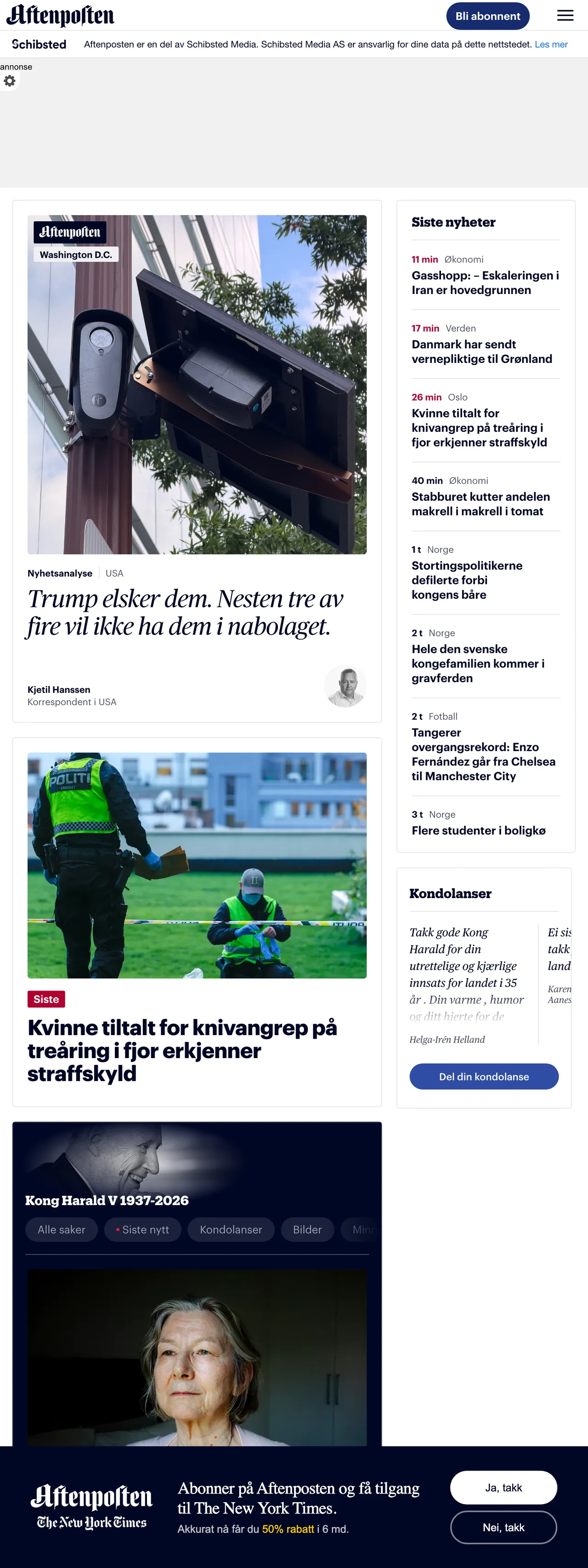 Screenshot of the Aftenposten front page