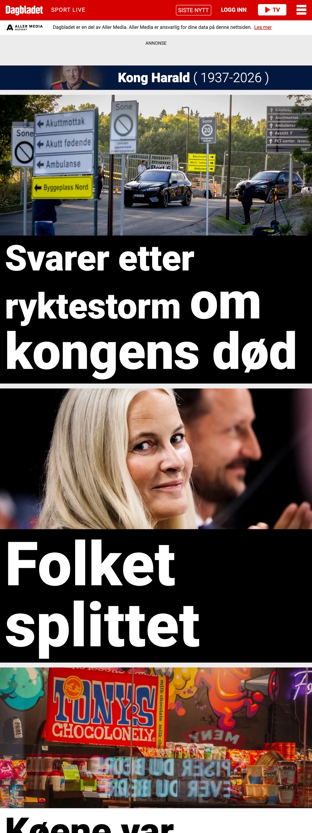 Screenshot of the Dagbladet front page