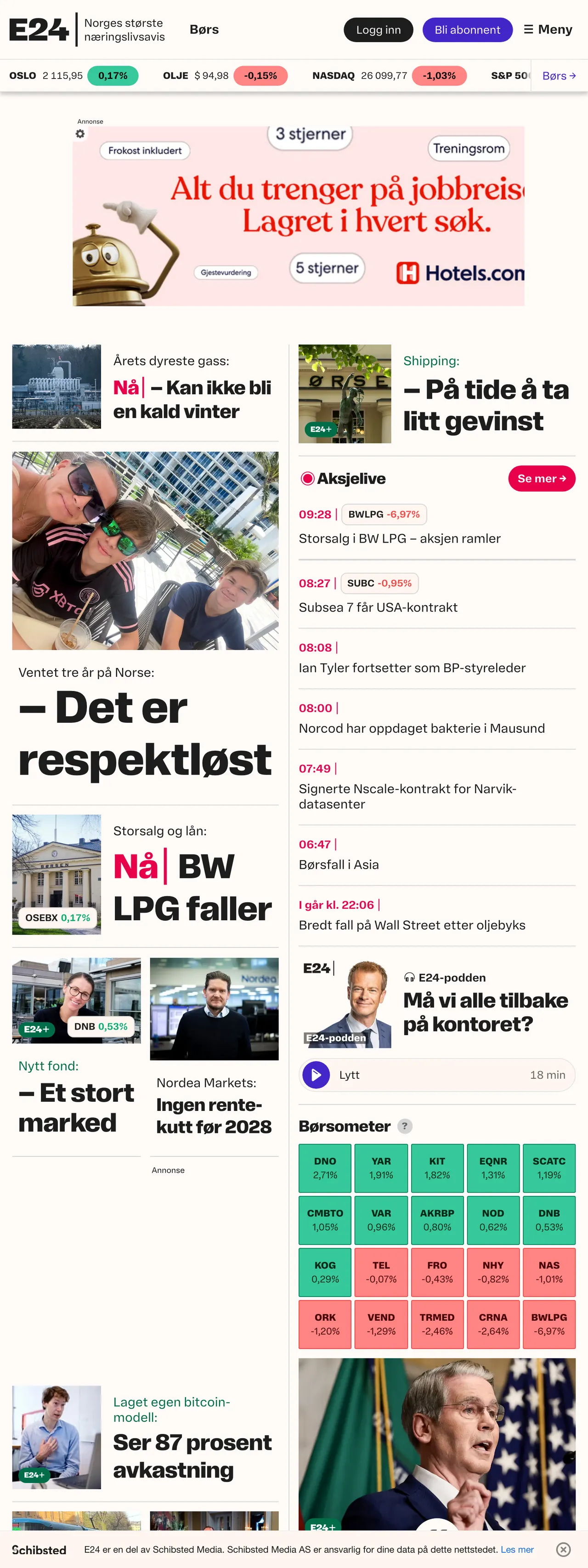Screenshot of the E24 front page