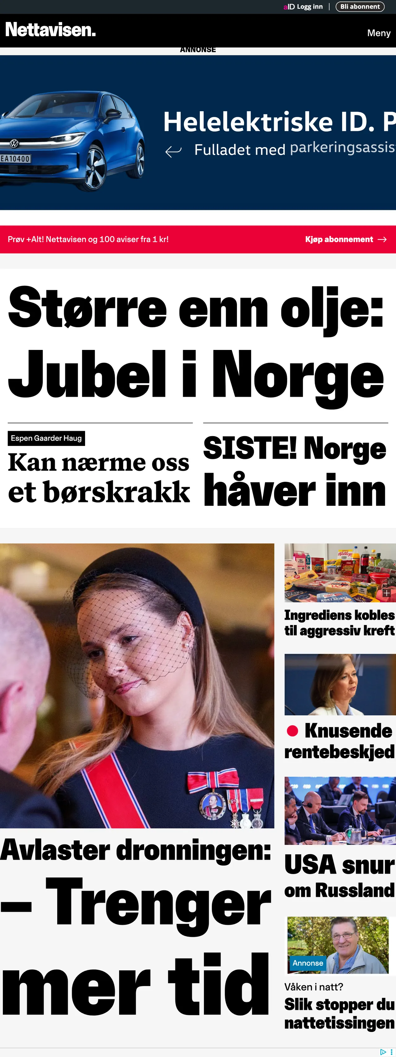 Screenshot of the Nettavisen front page