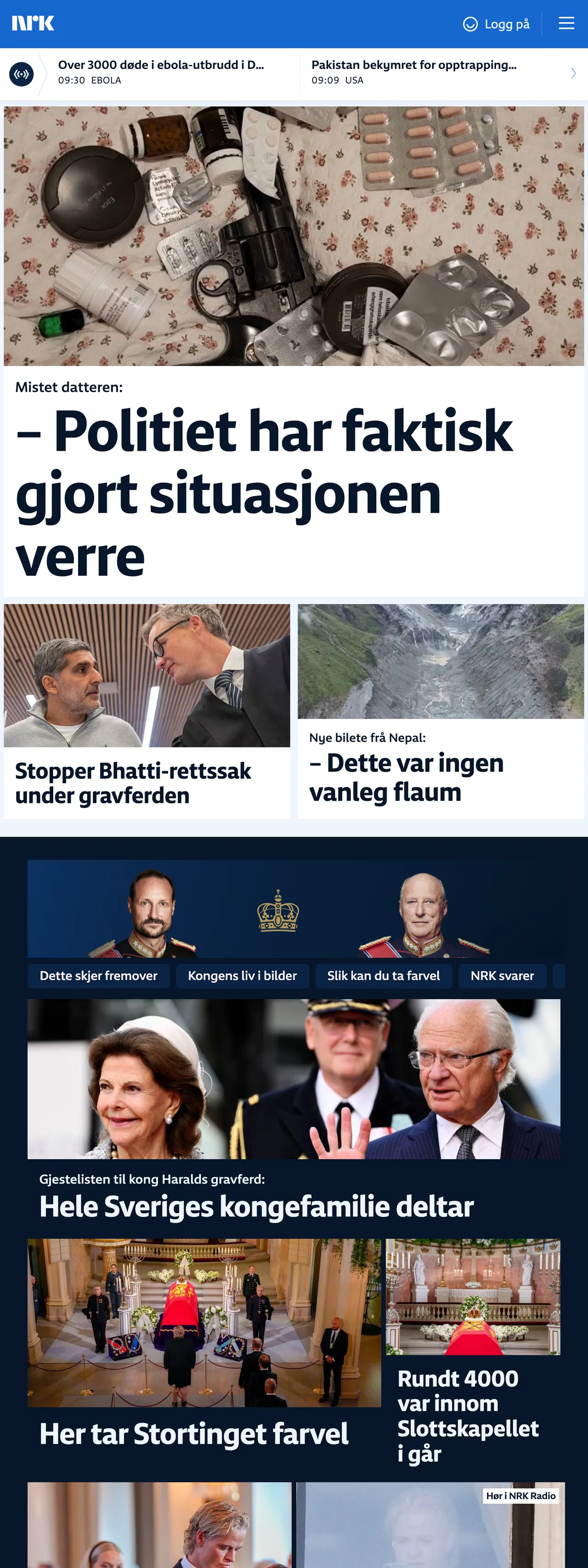 Screenshot of the NRK front page