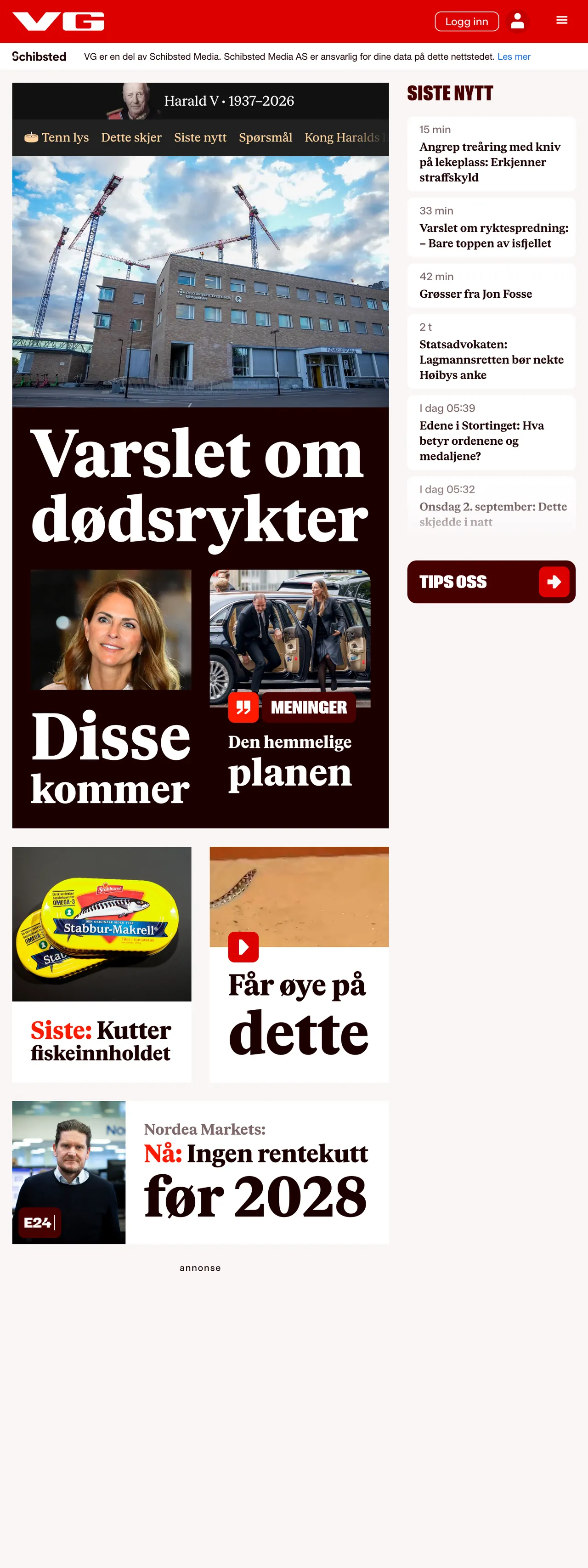 Screenshot of the VG front page