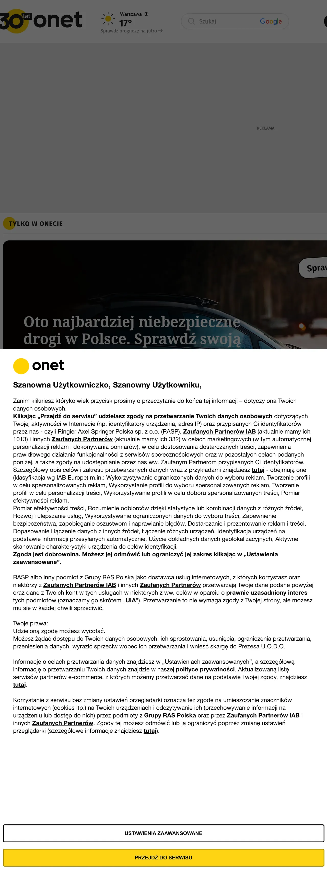 Screenshot of the Onet front page