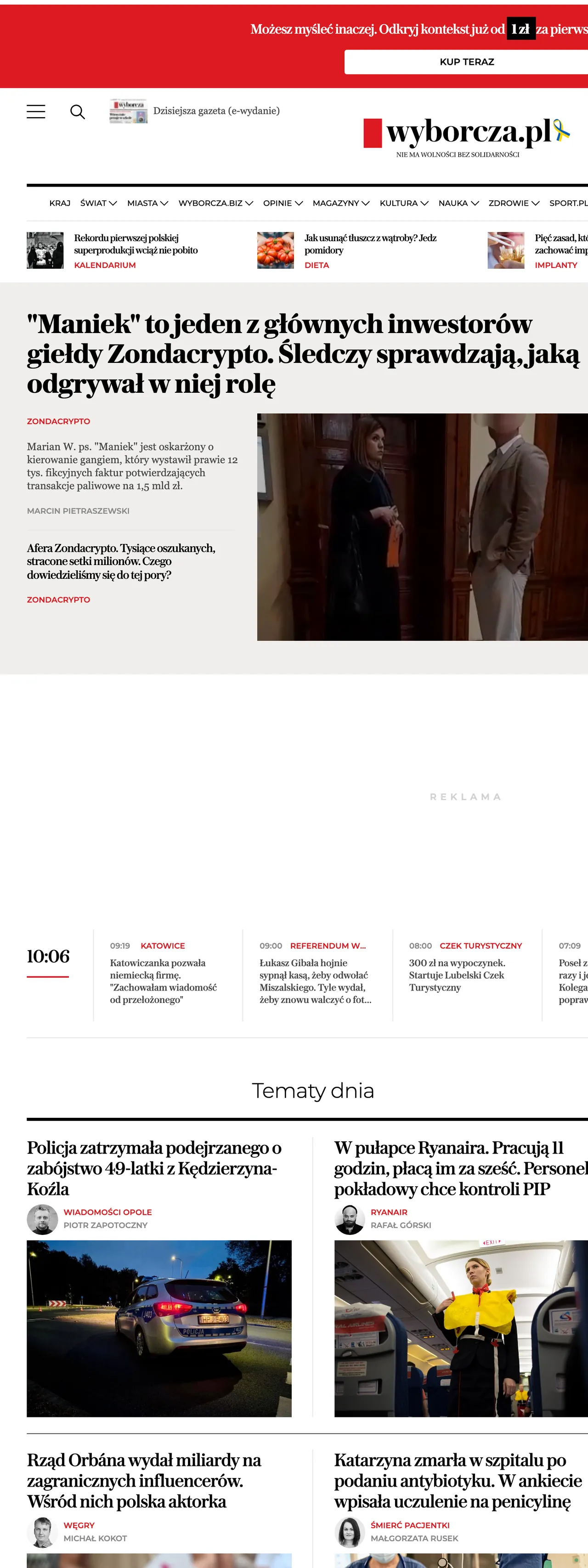 Screenshot of the Wyborcza front page