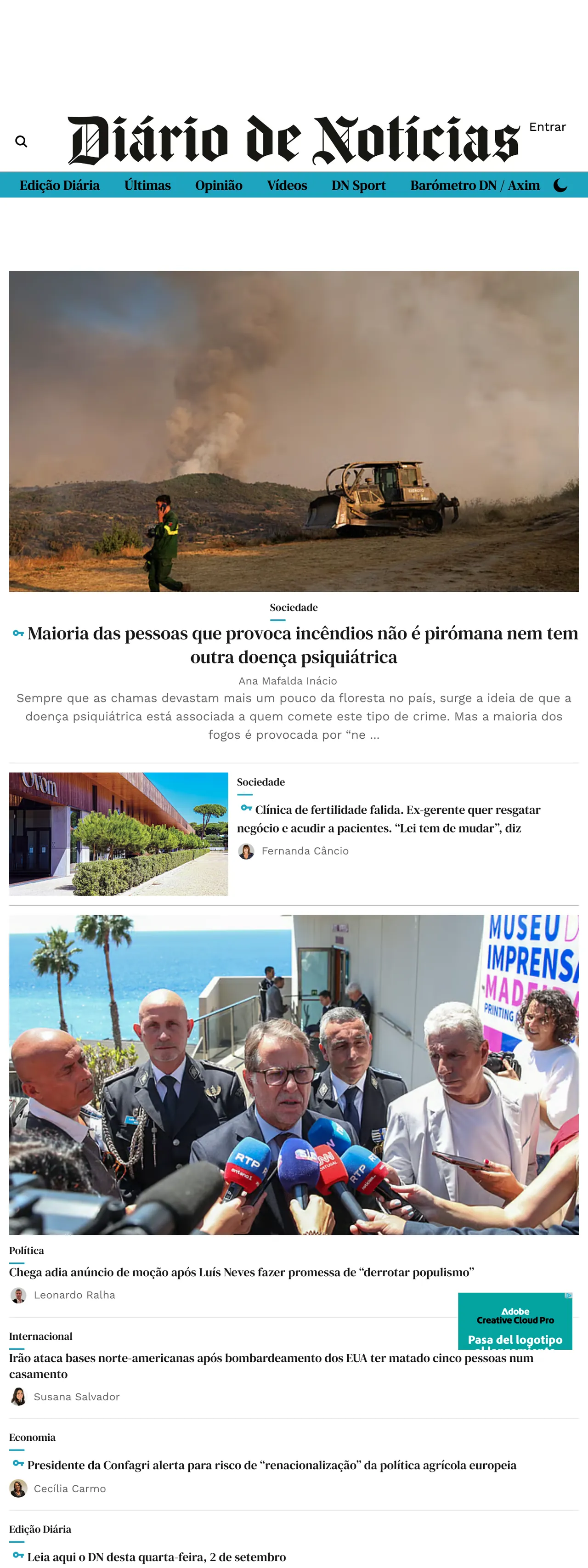 Screenshot of the Diário de Notícias front page