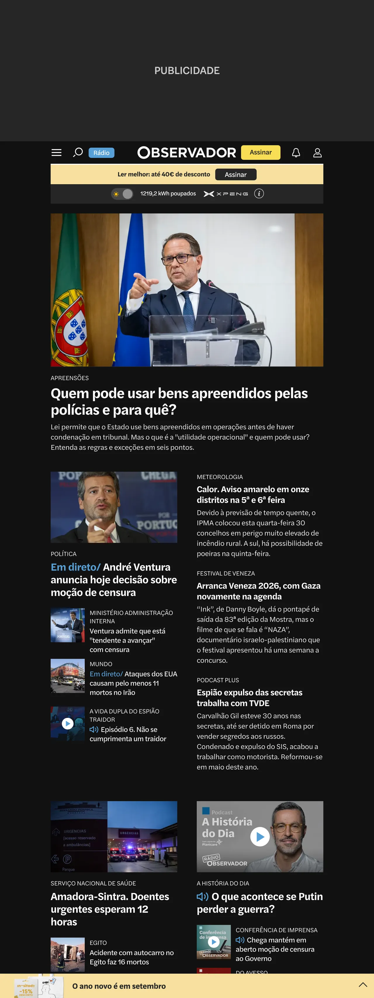 Screenshot of the Observador front page
