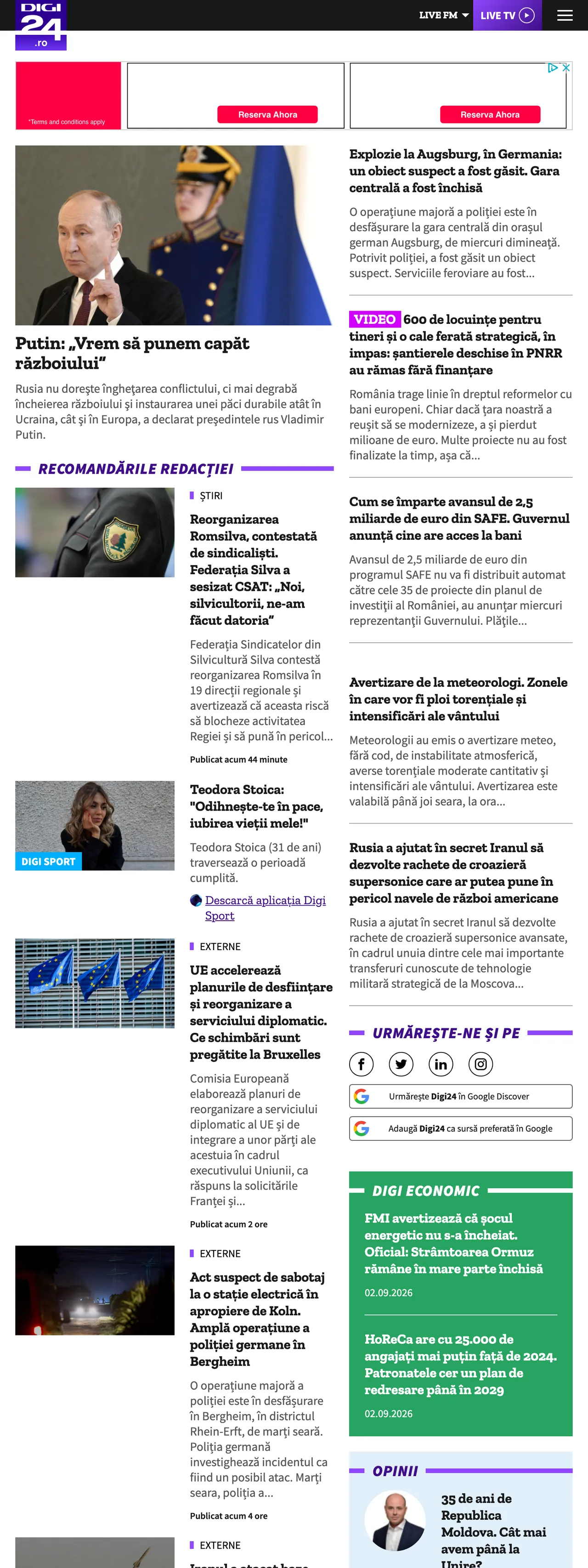 Screenshot of the Digi24 front page