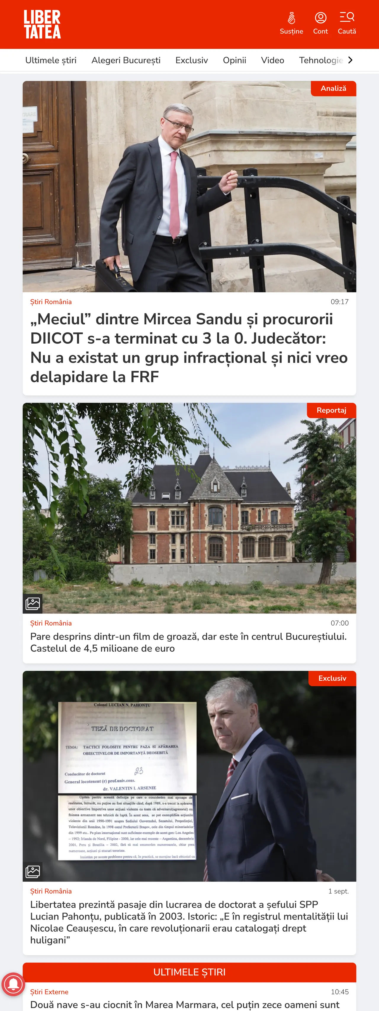 Screenshot of the Libertatea front page