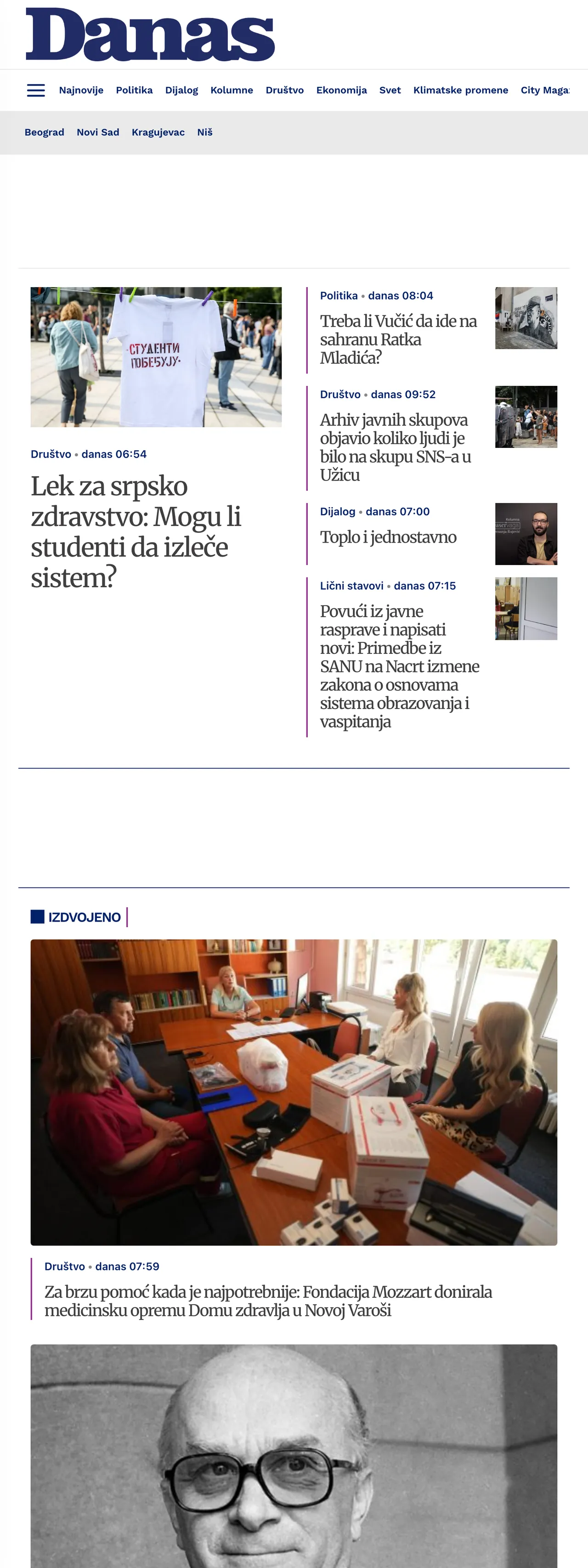 Screenshot of the Danas front page