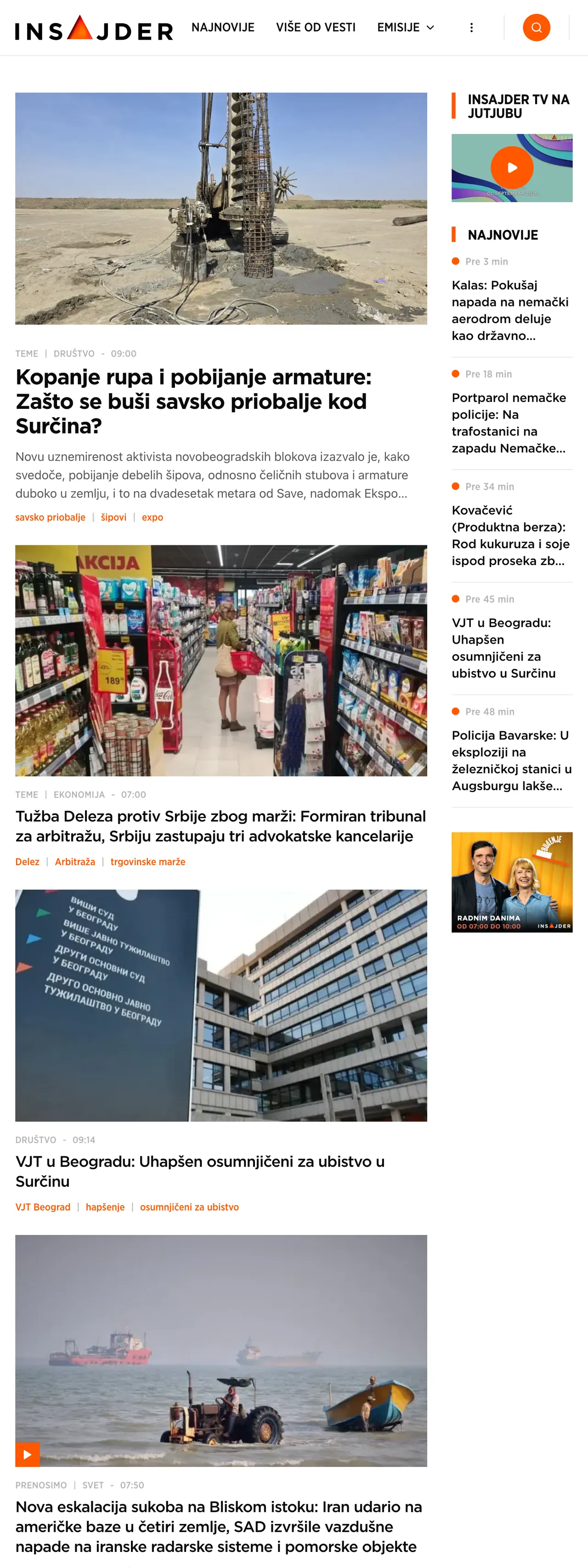Screenshot of the Insajder front page