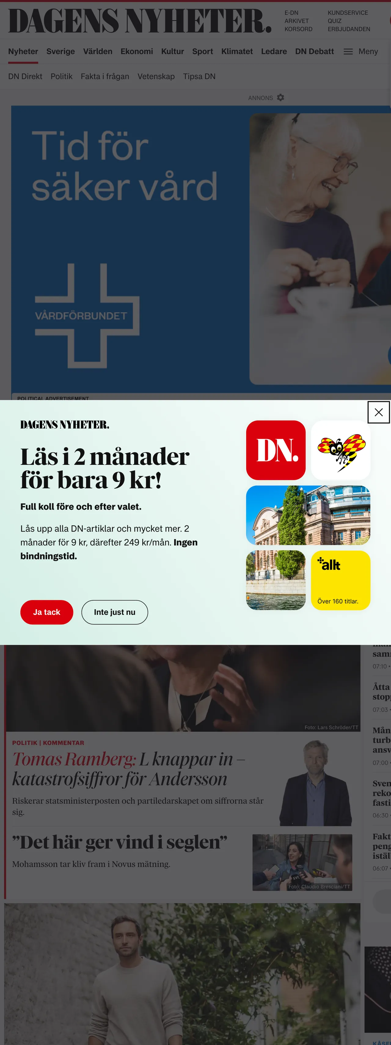 Screenshot of the Dagens Nyheter front page