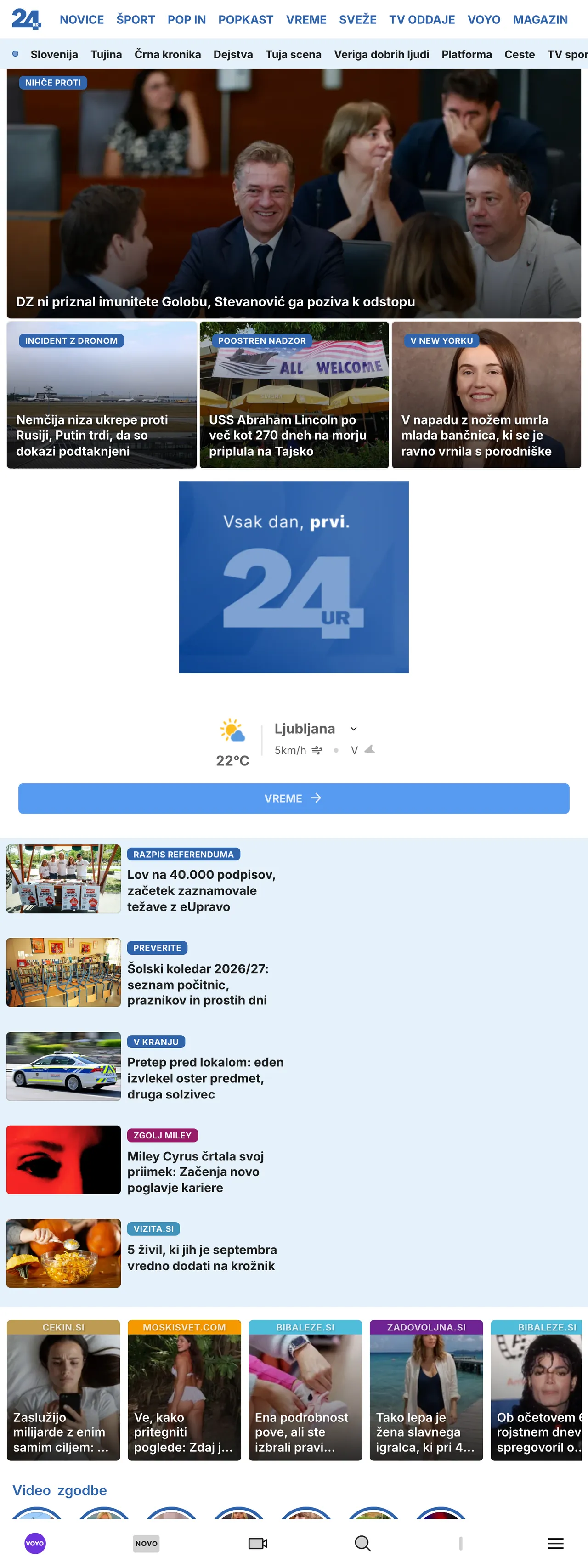 Screenshot of the 24ur front page
