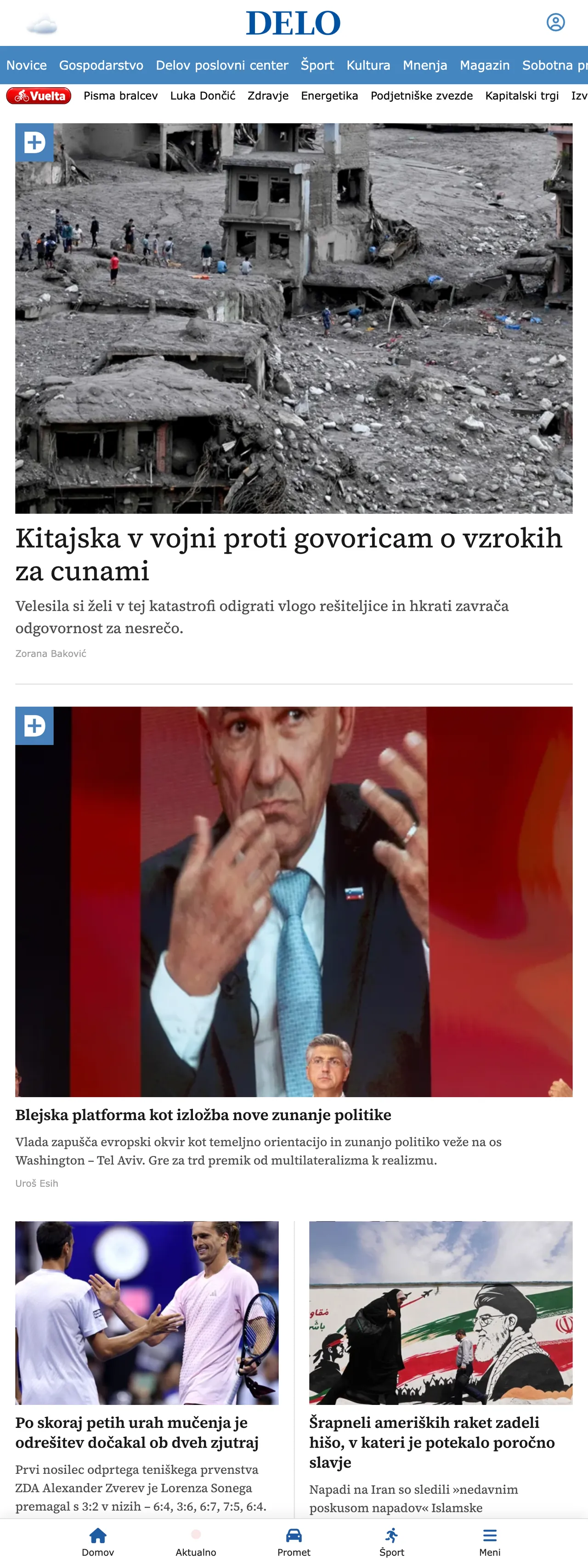 Screenshot of the Delo front page