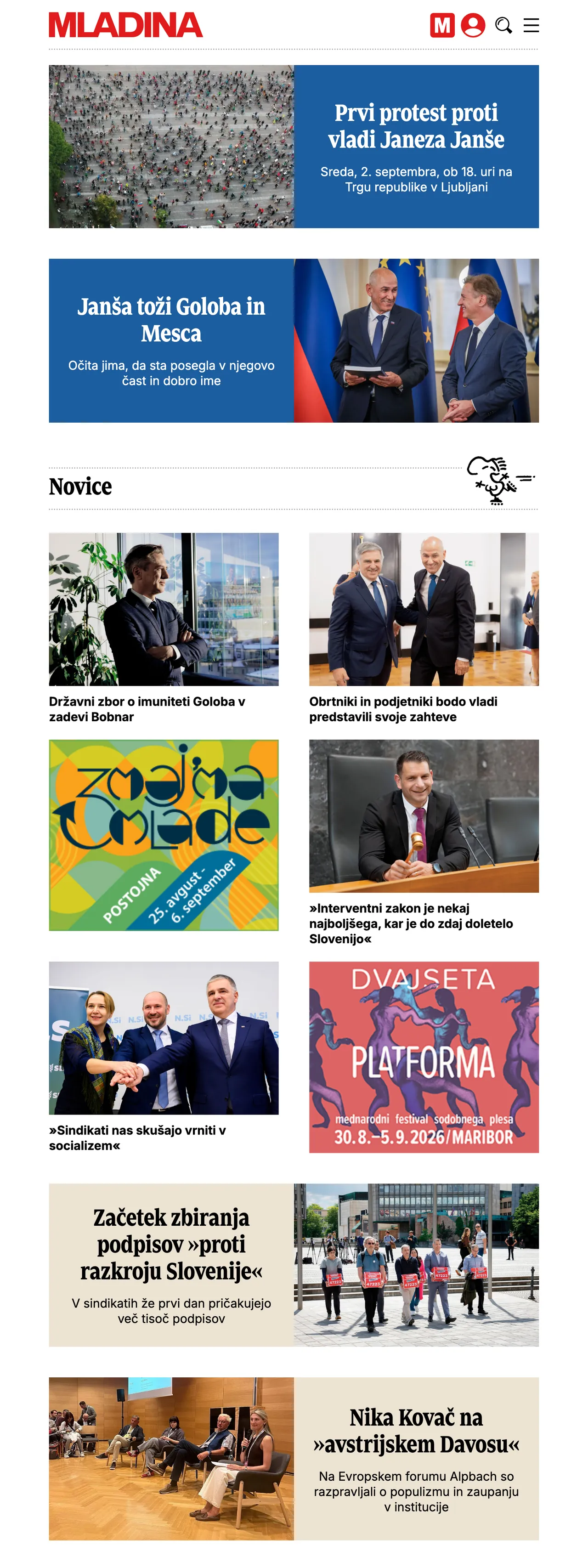 Screenshot of the Mladina front page