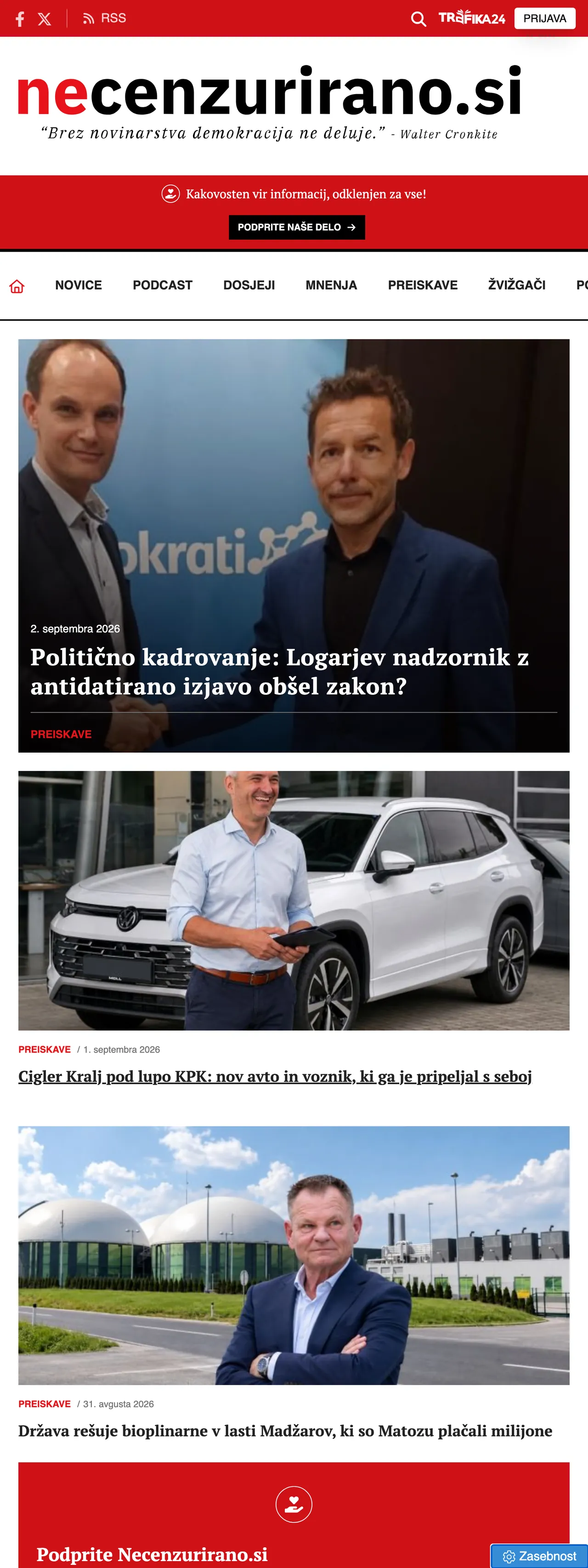 Screenshot of the Necenzurirano front page