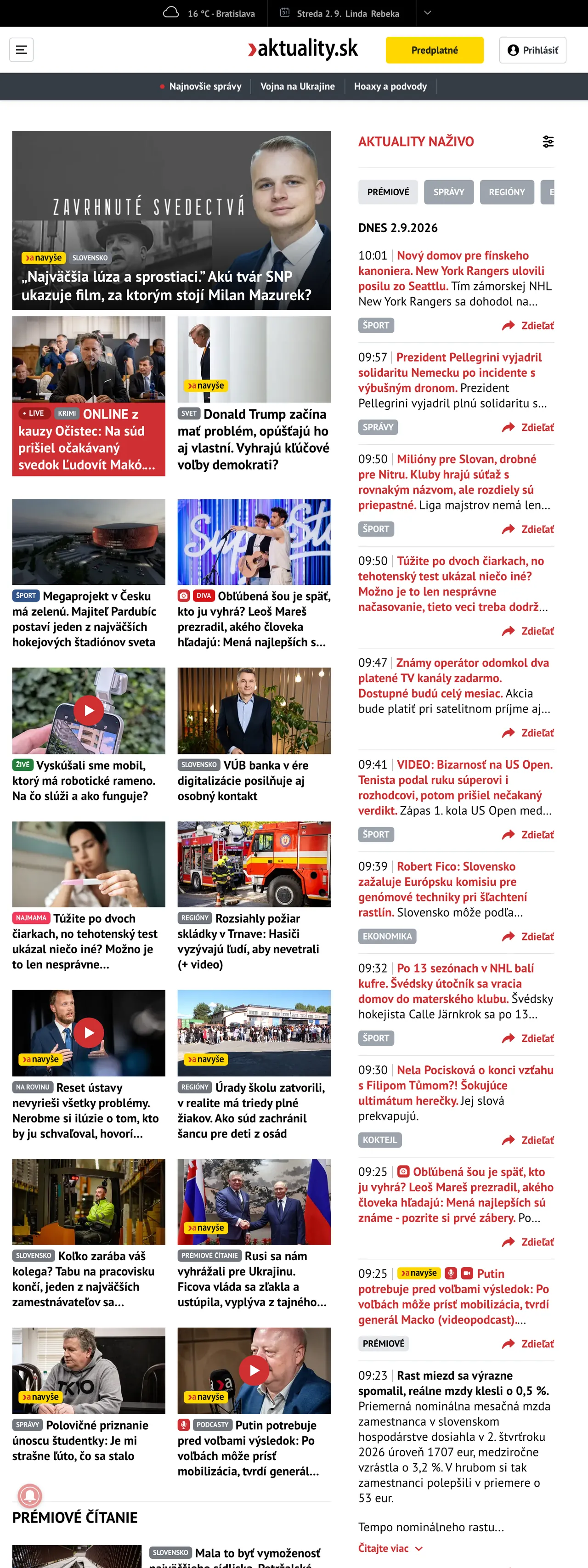 Screenshot of the Aktuality.sk front page