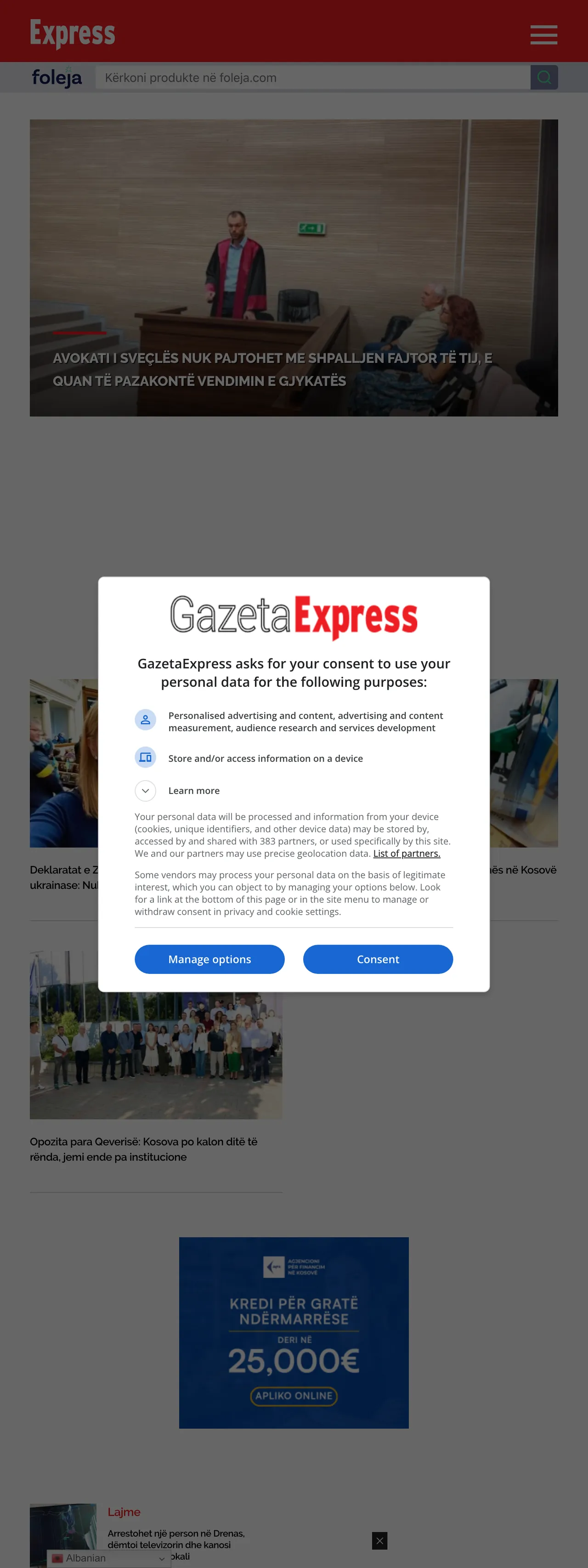 Screenshot of the Gazeta Express front page