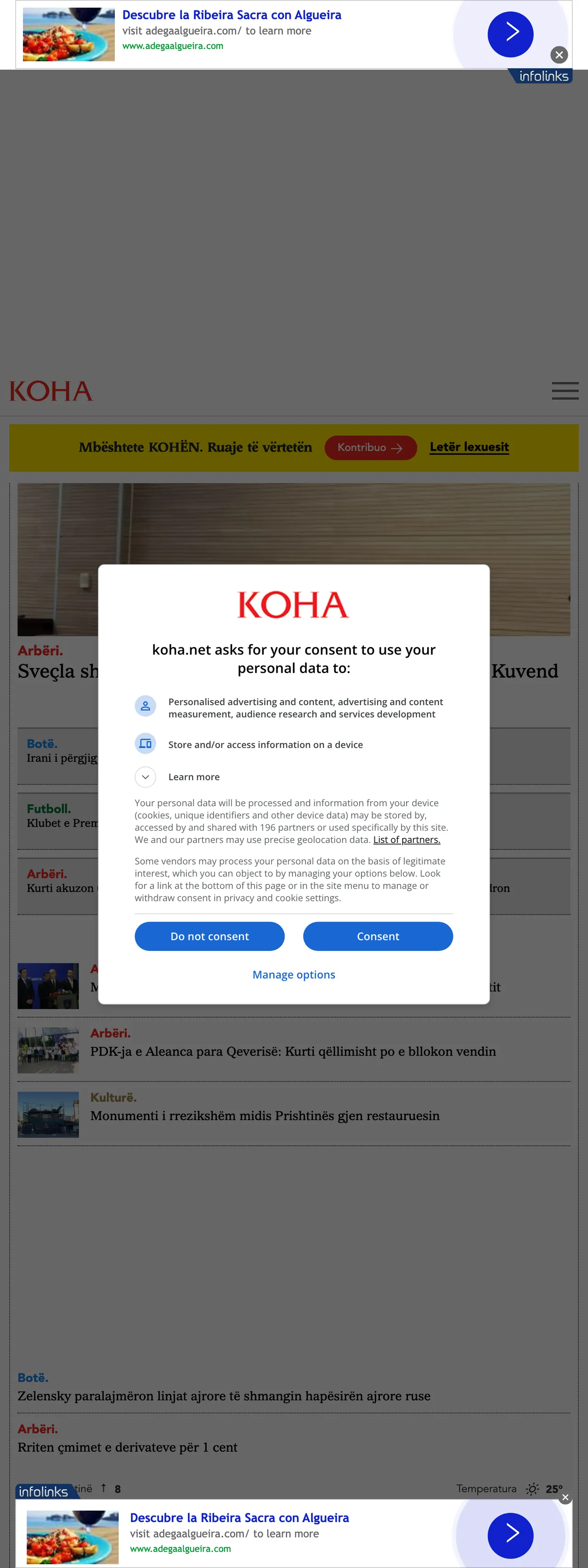 Screenshot of the Koha Ditore front page