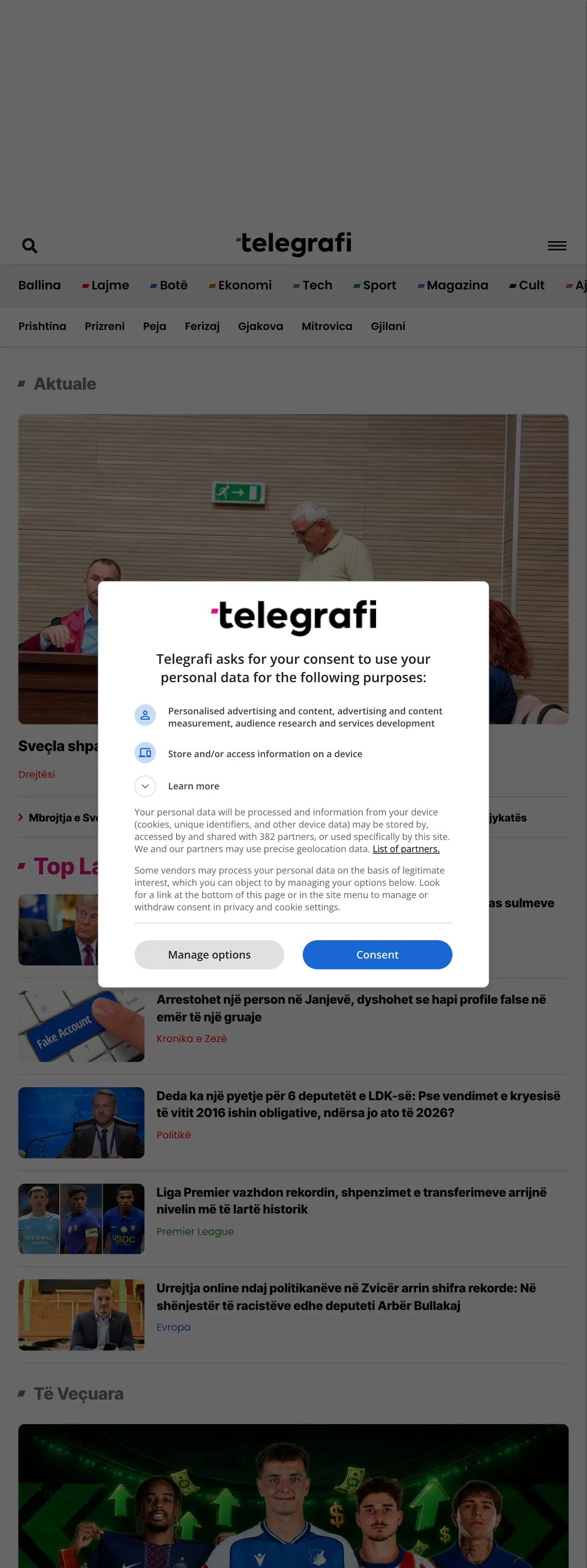 Screenshot of the Telegrafi front page