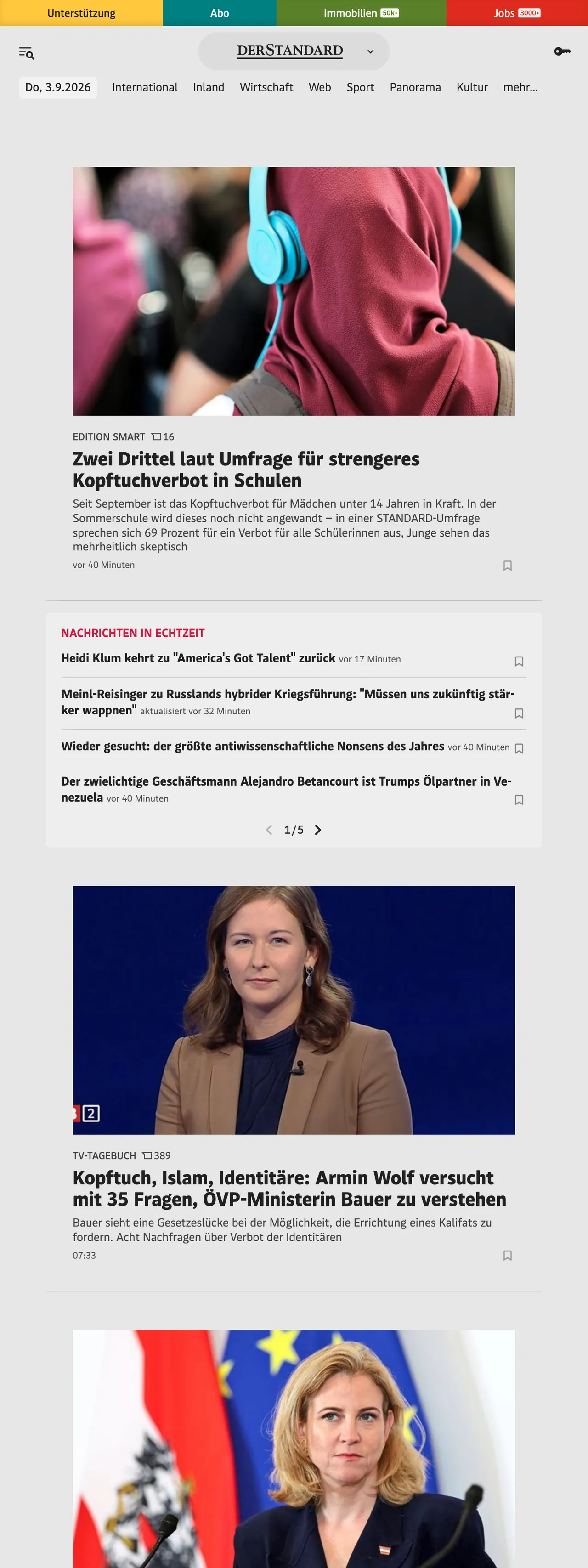 Screenshot of the DER STANDARD front page