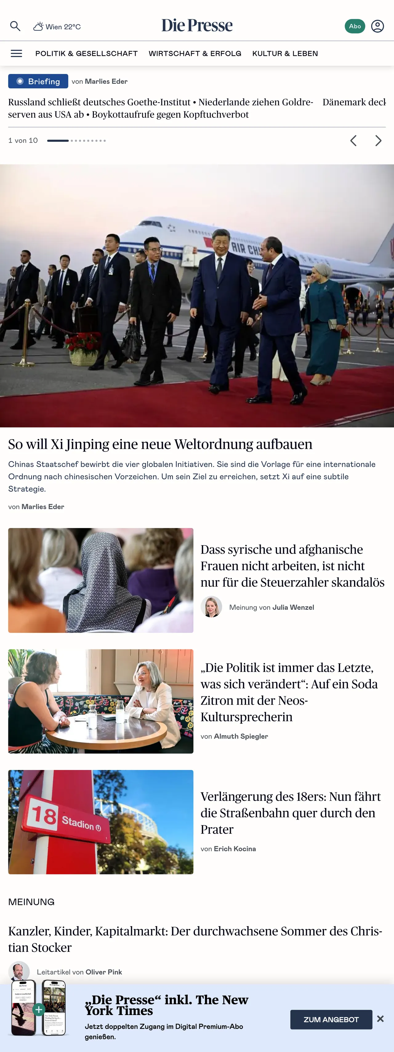 Screenshot of the Die Presse front page